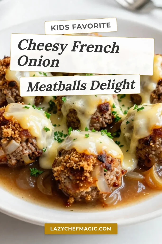 Discover the ultimate comfort food with this enticing French onion meatballs recipe! These beef meatball dishes feature gooey Gruy&egrave;re cheese and rich caramelized onion flavors that will delight your taste buds. Perfect for family dinners or gatherings, these easy meatball recipes are both satisfying and simple to make. Try this indulgent twist on classic meatballs today! Save for later and impress your guests! #FrenchOnionMeatballs #EasyMeatballRecipes #BeefMeatballDishes #GruyereCheeseMeatballs