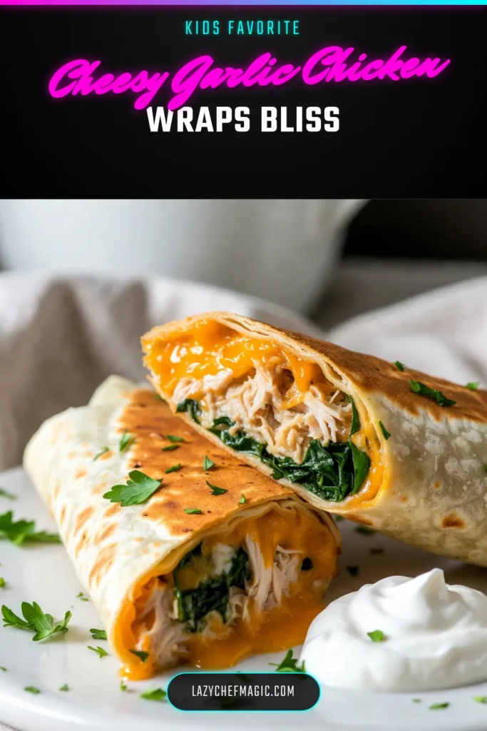 Indulge in these Cheesy Garlic Chicken Wraps, a quick and scrumptious Easy Chicken Wraps Recipe your family will love! Packed with shredded chicken, gooey cheddar, and creamy garlic goodness, these Garlic Chicken Tortilla Wraps are perfect for any meal. Delight in the flavors of our Creamy Garlic Chicken Recipe and impress everyone at the dinner table. Try it today! #CheesyGarlicChickenWraps #EasyChickenWrapsRecipe #GarlicChicken #CheddarChickenWraps #DeliciousWraps