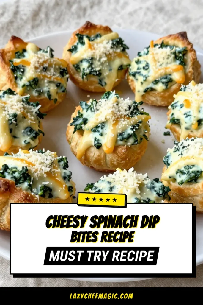 Indulge in these delicious Cheesy Spinach Dip Bites, the perfect easy spinach appetizer for your next gathering! Combining creamy cheese and fresh spinach, these puff pastry appetizers are a crowd-pleaser. This baked spinach dip recipe is simple to follow, ensuring you whip up delightful spinach and cheese snacks in no time. Impress your guests with these tasty bites! Save now and enjoy! #CheesySpinachDipBites #SpinachAppetizer #PuffPastryAppetizers #SpinachAndCheeseSnacks
