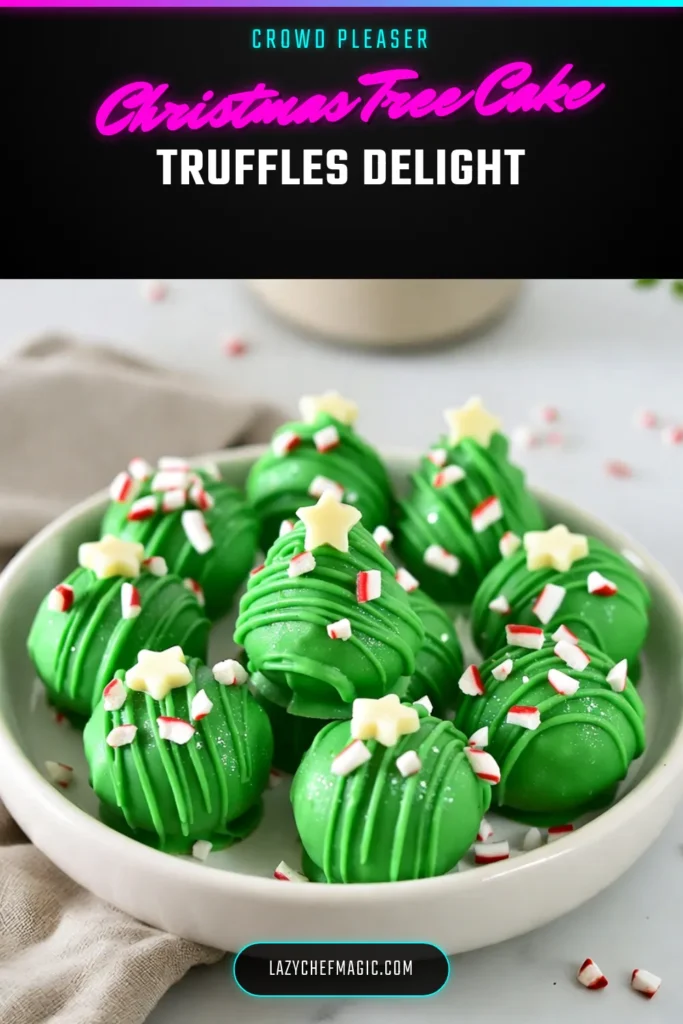Indulge in the joy of the season with these delectable Christmas tree cake truffles! Perfect for your holiday dessert recipes, these festive cake truffles are made with buttery vanilla cake and coated in vibrant green candy melts, topped with crushed peppermint candy for a delightful crunch. Elevate your dessert game this Christmas with these easy-to-make peppermint candy truffles. Click to save this recipe and spread the festive cheer! #ChristmasTreeCakeTruffles #HolidayDessertRecipes #FestiveCakeTruffles #PeppermintCandyTruffles