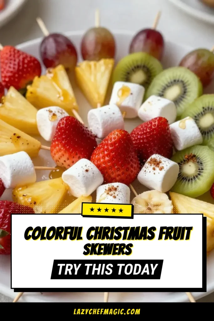 Delight in these festive Christmas fruit skewers that add color and flavor to any holiday gathering. This easy Christmas appetizers recipe is perfect for creating a stunning holiday fruit platter. With fresh strawberries, juicy pineapple, and sweet grapes, these fruit skewers for parties will impress your guests and keep them coming back for more. Make your holiday merry and bright by trying this festive fruit skewers recipe today! #FruitSkewers #EasyAppetizers #ChristmasRecipes #HolidayParty
