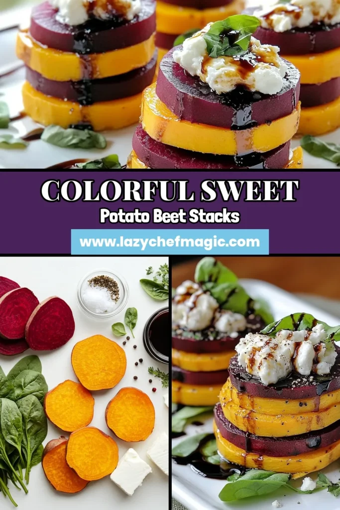 Indulge in these delightful sweet potato beet stacks, the perfect roasted vegetable recipe for any occasion. These healthy vegetable dishes combine layers of tender sweet potatoes and beets, finished with creamy goat cheese and a drizzle of balsamic glaze. Ideal as goat cheese appetizers, these stacks are simple to make and bursting with flavor. Try this recipe for a unique twist on your appetizers! Save this for your next gathering! #SweetPotatoBeetStacks #HealthyRecipes #RoastedVegetables #GoatCheeseAppetizers