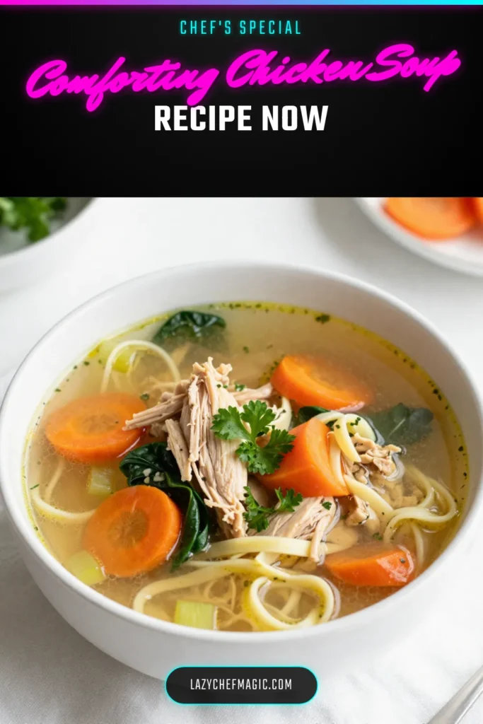 Warm up your day with this easy homemade chicken soup! This hearty chicken soup recipe features tender chicken, fresh veggies, and optional egg noodles for a comforting experience. Perfect for chilly nights, this comfort chicken soup is not just delicious but also nutritious. Discover how simple it is to make your own chicken noodle soup recipe that your family will love. Save this recipe for your next cozy dinner! #ChickenSoup #ComfortFood #EasyRecipes #HomemadeCooking