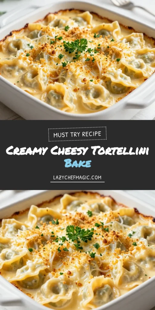 Savor the flavors of this Cheesy Tortellini Alfredo Bake, a delightful Alfredo tortellini casserole that's perfect for any dinner. This creamy tortellini recipe combines cheesy tortellini with a smooth Alfredo sauce, topped with baked cheese tortellini and a sprinkle of breadcrumbs for crunch. Easy to prepare, this Italian tortellini dish is a family favorite. Try it tonight and elevate your meal! Save this recipe for later! #CheesyTortelliniBake #AlfredoTortelliniCasserole #CreamyTortelliniRecipe #BakedCheeseTortellini