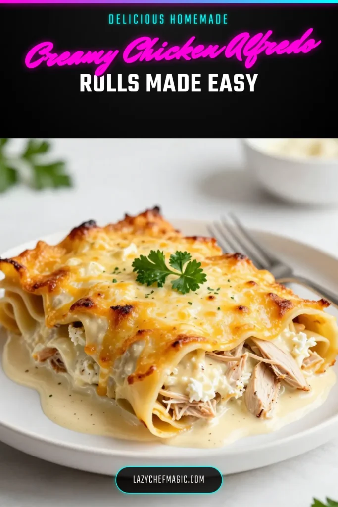 Discover the ultimate comfort food recipe with these Creamy Chicken Alfredo Lasagna Rolls! This easy lasagna recipe combines shredded chicken, rich Alfredo sauce, and gooey cheeses, rolled into tender noodles. Perfect for family dinners or casual gatherings, this Italian chicken dish will impress everyone at the table. Ready to indulge? Save this recipe for a delicious weekend meal! #LasagnaRolls #ComfortFood #ItalianRecipes #ChickenAlfredo
