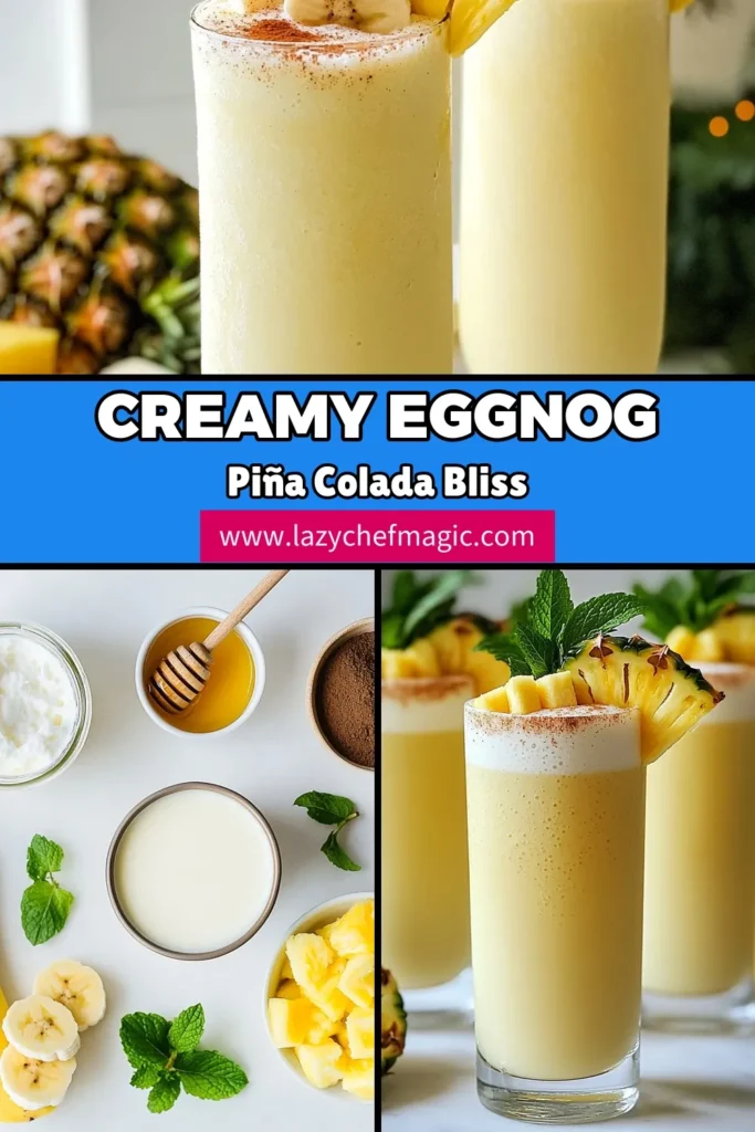 Looking for a fantastic holiday cocktail? Try this Eggnog Pi&ntilde;a Colada recipe for a festive twist on classic flavors! Combining creamy coconut drinks with rich eggnog and tropical ingredients, this easy eggnog variation is perfect for any celebration. Enjoy a delicious blend of banana and pineapple, topped with fresh mint. Don't miss out on this creamy delight&mdash;save the recipe now! #EggnogPi&ntilde;aColada #HolidayCocktails #CreamyCoconutDrinks #FestiveBeverages