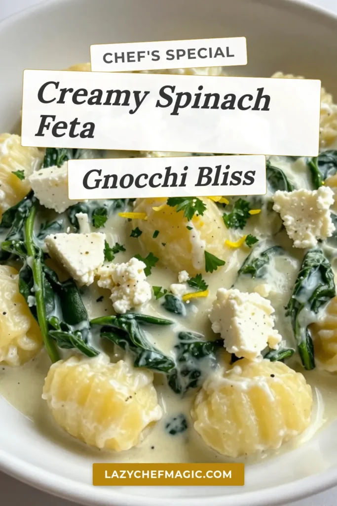 Discover the perfect weeknight dinner with this creamy spinach feta gnocchi. This easy gnocchi recipe features a luscious creamy sauce with spinach and crumbled feta, making it a delightful vegetarian gnocchi meal that's ready in just 20 minutes. Impress your family with this satisfying spinach feta pasta dish that's packed with flavor. Don&rsquo;t forget to save this recipe for a delicious dinner idea! #GnocchiRecipe #VegetarianMeals #PastaLovers #QuickDinners