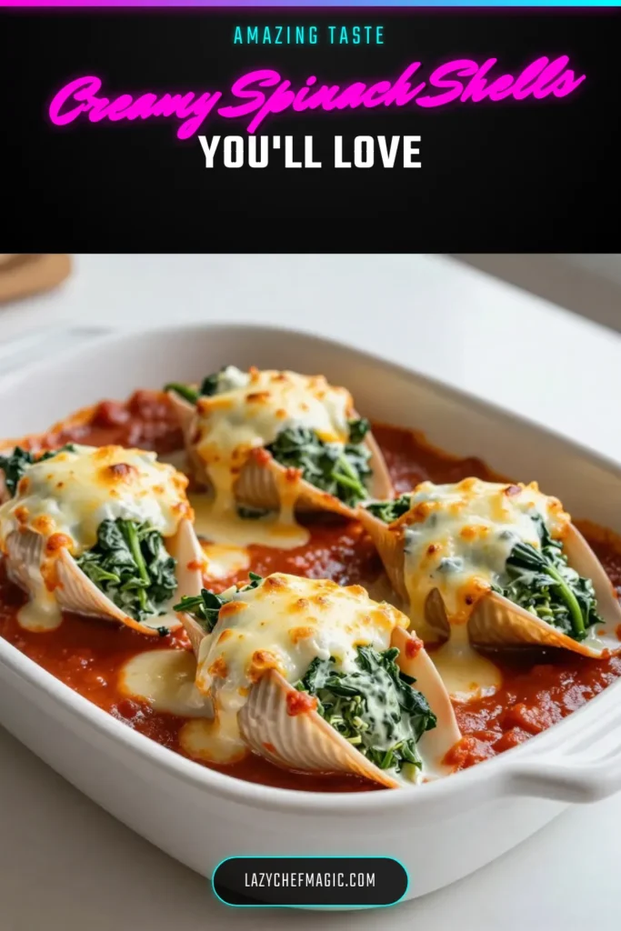 Discover how to make creamy spinach ricotta stuffed shells in this easy stuffed pasta recipe! This jumbo pasta shells recipe is perfect for a hearty vegetarian dinner. These baked spinach ricotta shells are filled with a delicious mixture of fresh spinach, creamy ricotta, and melted mozzarella. Ready in under an hour, it&rsquo;s a crowd-pleaser! Save this recipe for your next meal and enjoy the cheesy goodness! #stuffedshells #vegetarianrecipes #pastarecipes #easymeals