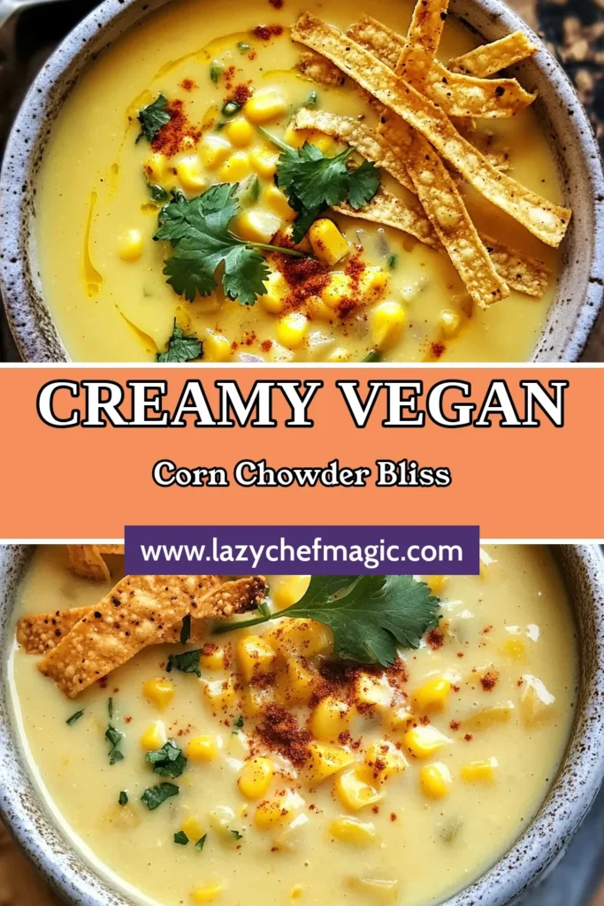 Indulge in this creamy vegan corn chowder that perfectly combines the sweetness of corn with hearty potatoes for a comforting meal. This dairy-free corn recipe is not only delicious but also a healthy corn soup option for everyone. Enjoy a plant-based chowder that's easy to make and packed with flavor! Dive into this creamy vegan soup for a nutritious twist on your favorite comfort food. Save this recipe and make it today! #VeganCornChowder #CreamyVeganSoup #DairyFreeCornRecipes #PlantBasedChowder