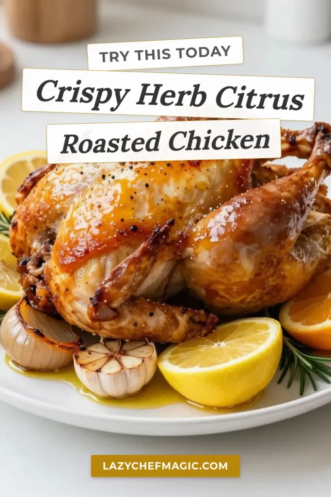 Discover the ultimate whole roasted chicken recipe that combines fresh herbs and zesty citrus for a mouthwatering dish! This savory roasted chicken features a crispy skin that&rsquo;s sure to impress your family and guests. Perfect for an easy roasted chicken dinner, our herb and citrus chicken will become your go-to for weeknight meals or special occasions. Try it today and elevate your cooking! Save this crispy skin chicken recipe for later! #WholeRoastedChicken #CrispySkinChicken #HerbAndCitrusChicken #EasyRoastedChickenDinner