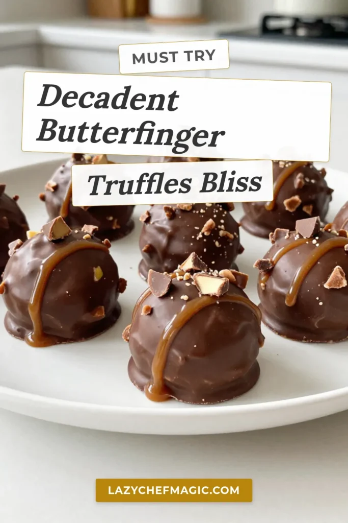 Indulge in the rich flavors of Caramel Crunch Butterfinger Truffles with this easy no-bake recipe! Perfect for satisfying your sweet tooth, these chocolate truffles blend creamy caramel, crushed Butterfinger, and vanilla wafers into a delightful treat. Ideal for any occasion, this Butterfinger dessert recipe is a must-try. Save this recipe for a deliciously easy candy you can whip up in no time! #Butterfinger #Truffles #NoBakeDessert #EasyCandyRecipes