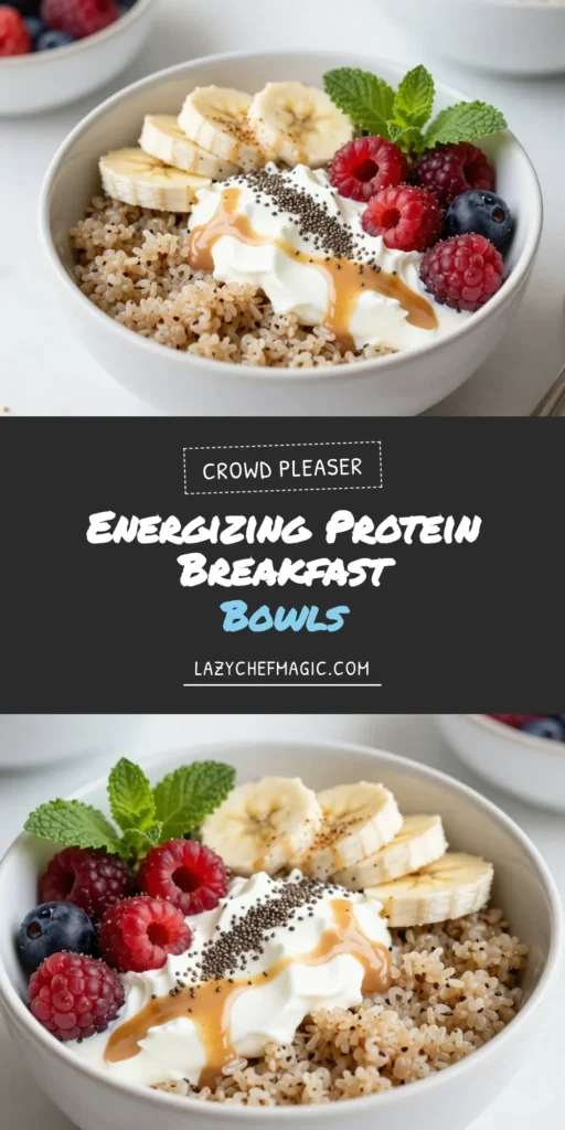 Start your day with these high protein breakfast bowls that blend healthy quinoa recipes, Greek yogurt breakfast ideas, and a colorful medley of berries for a nutritious breakfast. Packed with energy, these bowls are perfect for busy mornings! Enjoy the creamy texture of Greek yogurt, the crunch of chia seeds, and the sweetness of bananas. Save this delicious, energizing recipe for your next breakfast! #HealthyBreakfast #QuinoaRecipes #ProteinPacked #BreakfastBowls