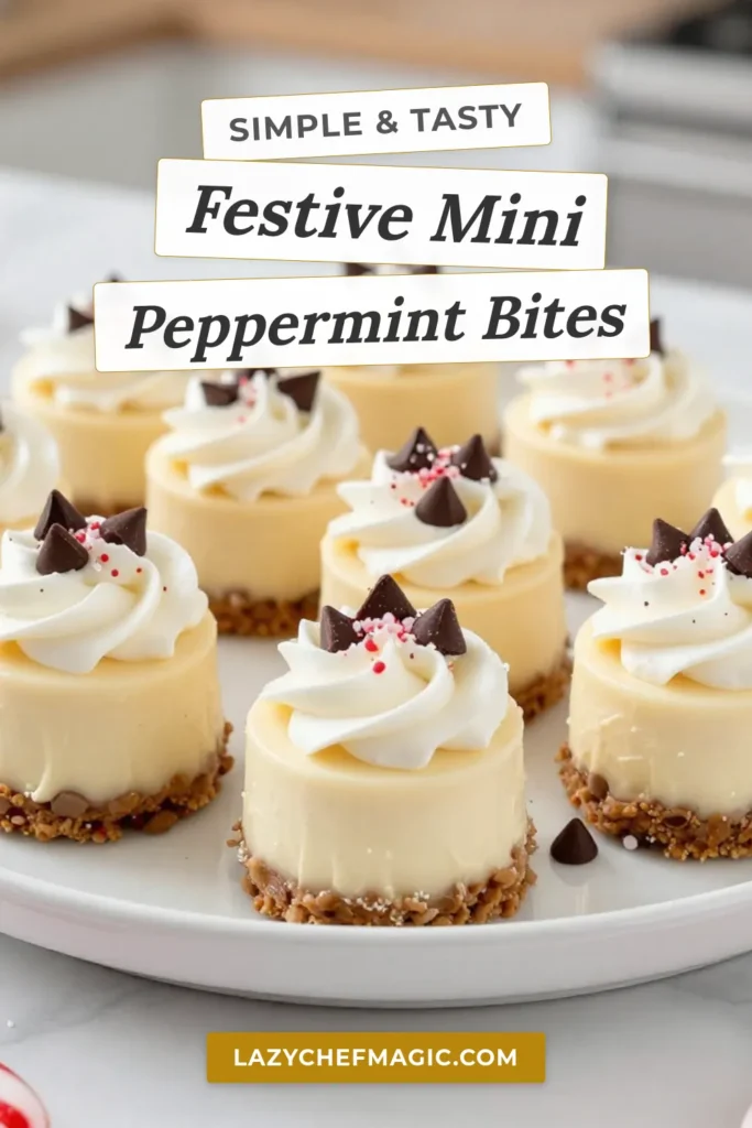 Indulge in the holiday spirit with these easy mini peppermint cheesecake bites! This no-bake cheesecake recipe is the perfect festive dessert, combining cream cheese, whipped cream, and a delightful peppermint flavor. These holiday dessert bites are not only simple to make but also a crowd-pleaser! Serve them at your next gathering. Try this easy cheesecake recipe and get ready to impress everyone! Save this recipe for your holiday treats! #MiniPeppermintCheesecakeBites #NoBakeCheesecakeRecipe #HolidayDessertBites #FestiveCheesecakeTreats