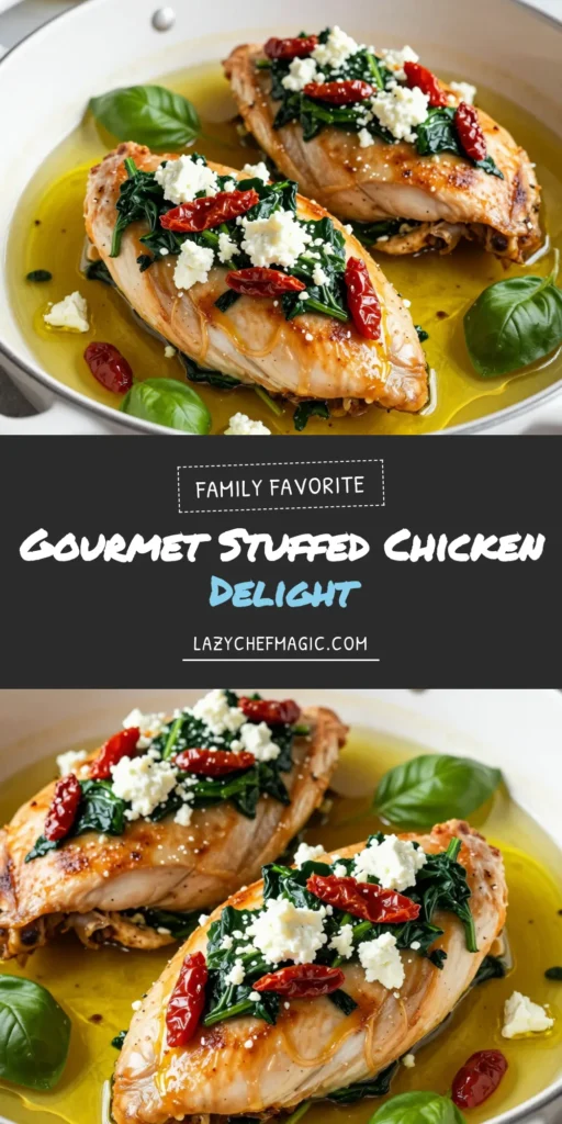 Indulge in this gourmet stuffed chicken that will elevate your dinner game! This delicious stuffed chicken breasts recipe features a savory filling of feta cheese, spinach, and sun-dried tomatoes, creating a mouthwatering baked chicken with spinach that your family will love. Perfect for easy weeknight dinners or special occasions, this sun-dried tomato chicken dish is a must-try. Save this recipe for a flavorful meal! #GourmetStuffedChicken #StuffedChickenBreasts #FetaCheeseChicken #BakedChickenWithSpinach