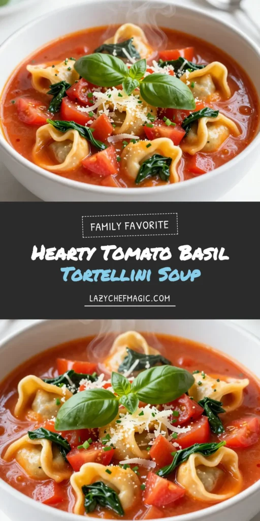 Warm up with this delicious Tomato Basil Tortellini Soup, an easy tomato soup that's perfect for any night! This vegetarian soup recipe features tender cheese tortellini, fresh spinach, and savory herbs for a healthy dinner idea the whole family will love. Ready in just 30 minutes, it&rsquo;s both comforting and nutritious. Try this cheese tortellini recipe today and make mealtime special! Save for later! #TomatoBasilTortelliniSoup #VegetarianSoupRecipes #EasyTomatoSoup #HealthyDinnerIdeas
