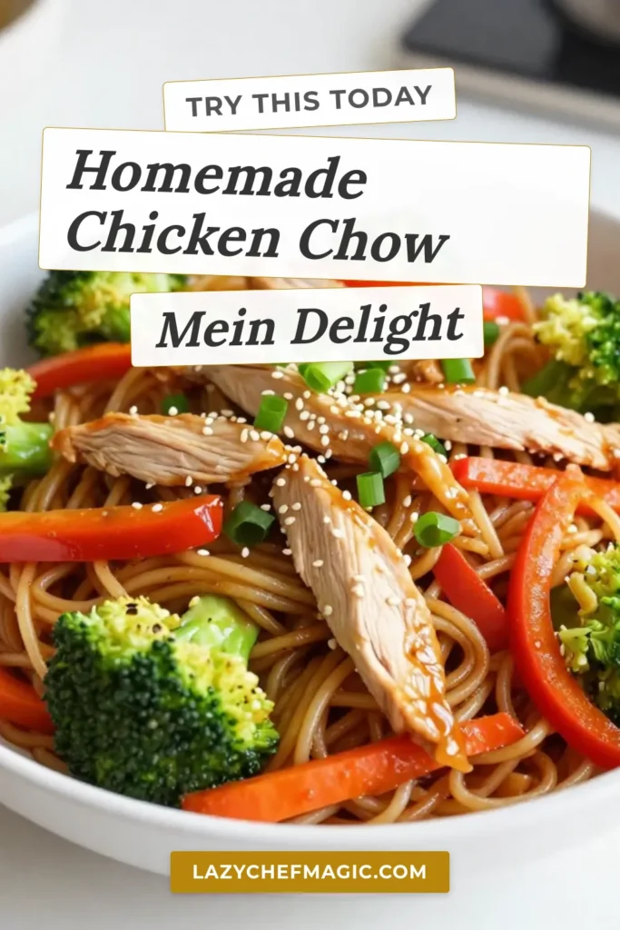 Indulge in this Savory Chicken Chow Mein with Homemade Sauce, the perfect chicken stir fry recipe for a quick dinner. This easy chow mein recipe combines tender chicken, colorful veggies, and a delicious homemade chow mein sauce that elevates the flavors. Ready in just 30 minutes, it's a dish your family will love. Try it tonight and make dinner stress-free! Save this recipe for your next meal idea! #ChickenChowMein #QuickDinner #EasyRecipes #StirFry