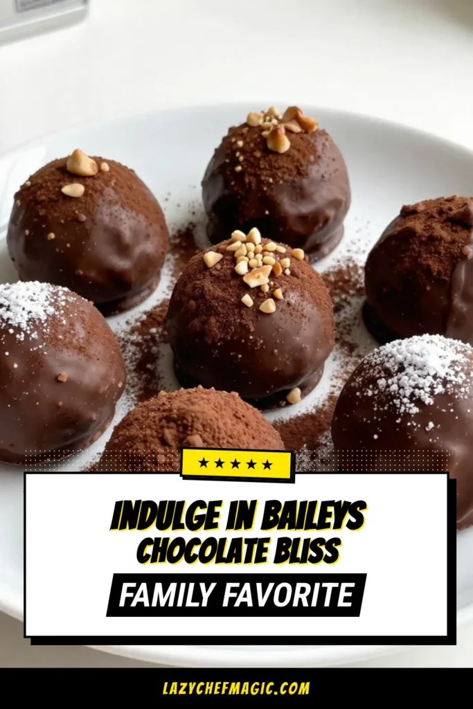 Indulge in the rich flavors of homemade Baileys chocolate truffles with this easy chocolate truffles recipe! Perfect for special occasions, these decadent chocolate truffles are infused with creamy Baileys Irish Cream and coated in cocoa, nuts, or powdered sugar. Treat yourself and your loved ones to these delightful bites. Make your own Irish cream truffle recipe today! Save this post for your next dessert project! #BoozyTreats #ChocolateTruffles #Baileys #DessertLovers