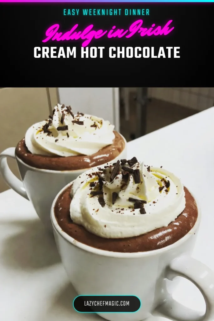 Indulge in this decadent hot chocolate recipe that features a delightful blend of creamy chocolate drink and non-alcoholic Irish cream beverage. Perfect for chilly days, this rich Irish cream hot chocolate can be topped with whipped cream and chocolate shavings for an extra treat. Discover how easy it is to make this cozy drink at home and savor the flavors. Save this recipe for your next warm beverage craving! #IrishCreamHotChocolate #DecadentHotChocolate #WhippedCreamHotChocolate #CreamyChocolateDrink