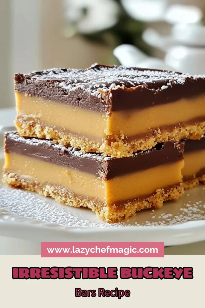 Indulge in these mouthwatering homemade Buckeye bars with this easy Buckeye bars recipe! This no-bake chocolate peanut butter dessert is a dream for any sweet tooth. With just a few simple ingredients, you can whip up these delicious dessert bars in no time. Perfect for parties or a sweet treat at home, everyone will love them! Save this recipe for later and treat yourself! #BuckeyeBars #ChocolatePeanutButter #NoBakeDessert #EasyDessertBars