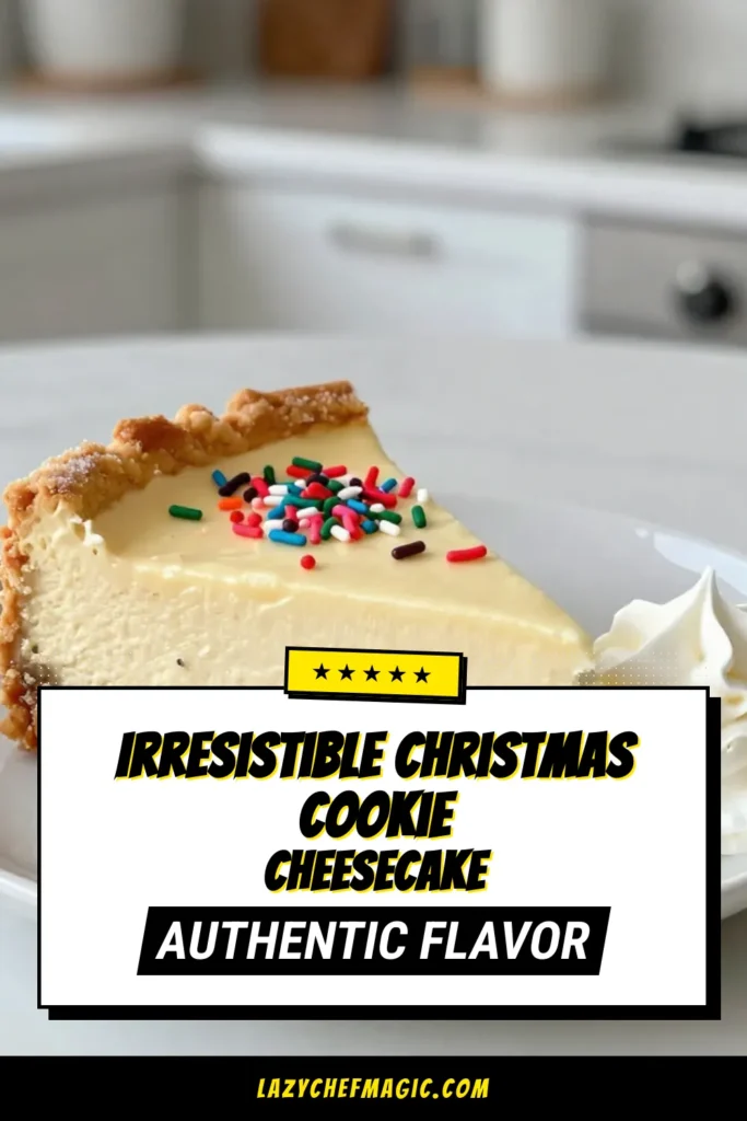 Get ready to wow your holiday guests with this Christmas cheesecake recipe featuring a delicious sugar cookie cheesecake base! This festive cheesecake is perfect for holiday dessert ideas and comes topped with sprinkles for a cheerful finish. Easy to make and sure to impress, this cheesecake with sprinkles will become a seasonal favorite. Try this delightful recipe today and save for later! #ChristmasCheesecake #HolidayDesserts #FestiveTreats #SugarCookieCheesecake