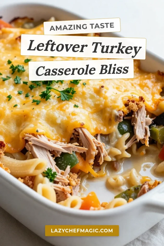 Looking for a delicious way to use up leftover turkey? Try this Turkey casserole recipe that transforms your extras into a creamy turkey dish everyone will love! Packed with pasta, veggies, and cheesy goodness, this easy pasta bake is perfect for dinner. Just mix, bake, and enjoy! Save this cheesy casserole dinner idea for your next family meal! #TurkeyCasserole #LeftoverTurkeyIdeas #EasyPastaBake #CheesyCasseroleDinner