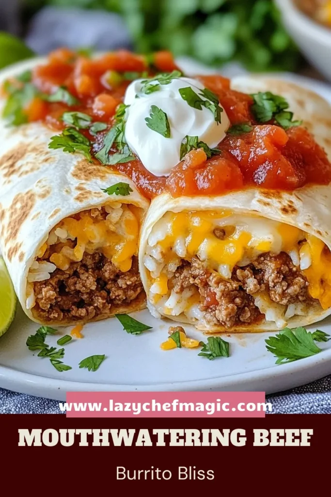Looking for a delicious beef burrito recipe? Try this easy burrito for dinner that features a cheesy burrito filling the whole family will love! Packed with taco seasoning, ground beef, and all your favorite toppings, this homemade burrito recipe is perfect for weeknight meals. Get ready to indulge in the ultimate tasty treat. Save this Beefy Melt Burrito for your next meal! #beefburrito #easymeals #tacoseasoning #homemadeburrito