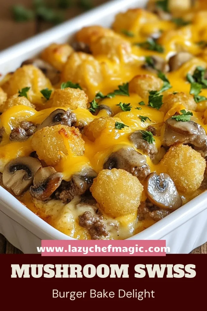Discover the deliciousness of Mushroom Swiss Burger Casserole! This easy casserole dinner idea combines ground beef, saut&eacute;ed mushrooms, and creamy Swiss cheese for a comforting meal the whole family will love. Perfect for busy nights, this ground beef casserole recipe also features a crispy layer of tater tots with cheese on top. Dive into this hearty dish tonight and save for later! #CasseroleRecipes #EasyDinnerIdeas #SwissCheese #ComfortFood
