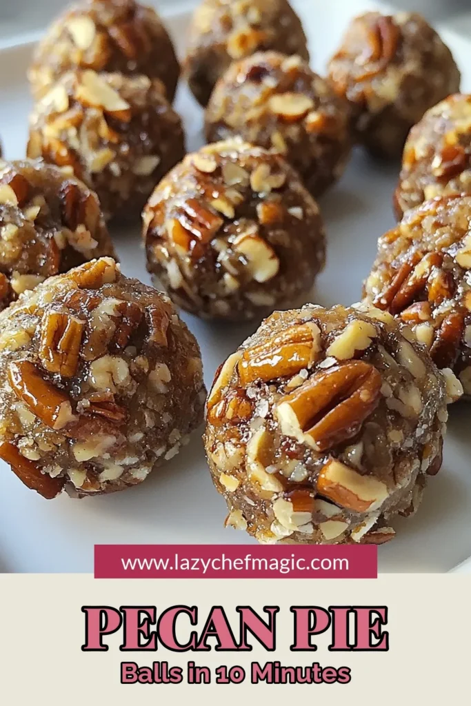 Indulge in these delicious no-bake pecan pie balls for a guilt-free treat! Perfect for satisfying your sweet cravings, these healthy dessert recipes are easy to make and packed with flavor. Made with wholesome ingredients, they are great vegan snack ideas and can even be coated in rich chocolate for an extra touch. Enjoy these pecan dessert bites as a healthy snack or a luscious dessert. Save this recipe for your next craving! #HealthyDessert #VeganSnacks #NoBakePecanPieBalls #ChocolateTreats