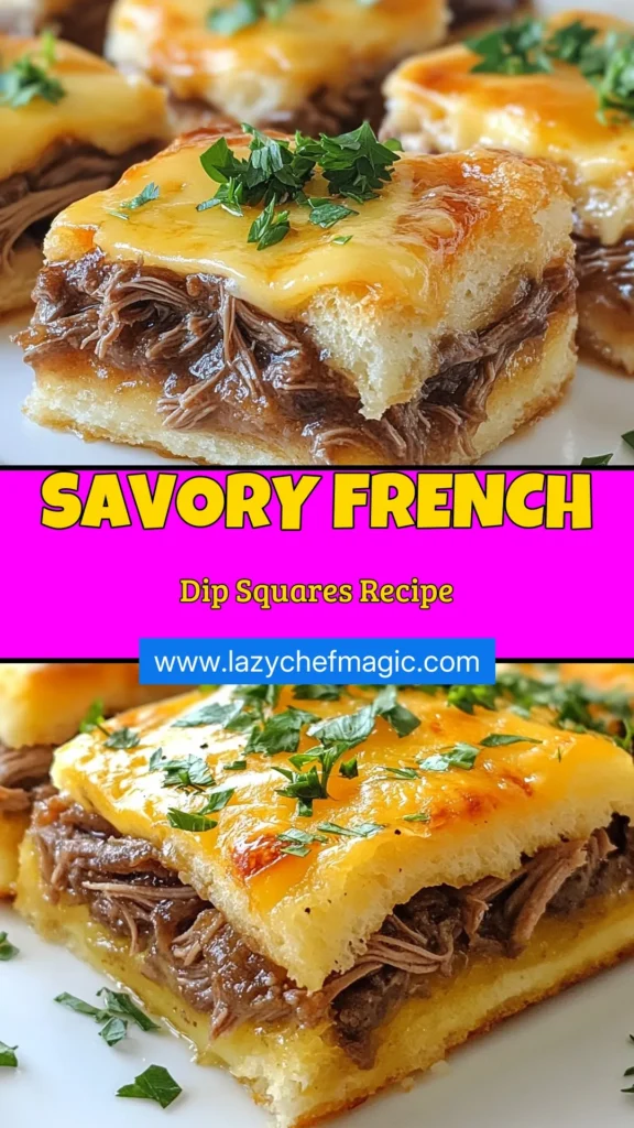 Looking for a delicious appetizer that will wow your guests? Try this French Dip Squares Recipe! These Easy Beef Recipe squares are perfect for gatherings and make a fantastic Cheesy Beef Appetizer. Baked to perfection, they are a savory snack that everyone will love. In just 45 minutes, you can enjoy this crowd-pleasing Baked Beef Dish. Save this recipe for your next event! #FrenchDipSquares #BeefAppetizer #EasyRecipes #SavorySnacks