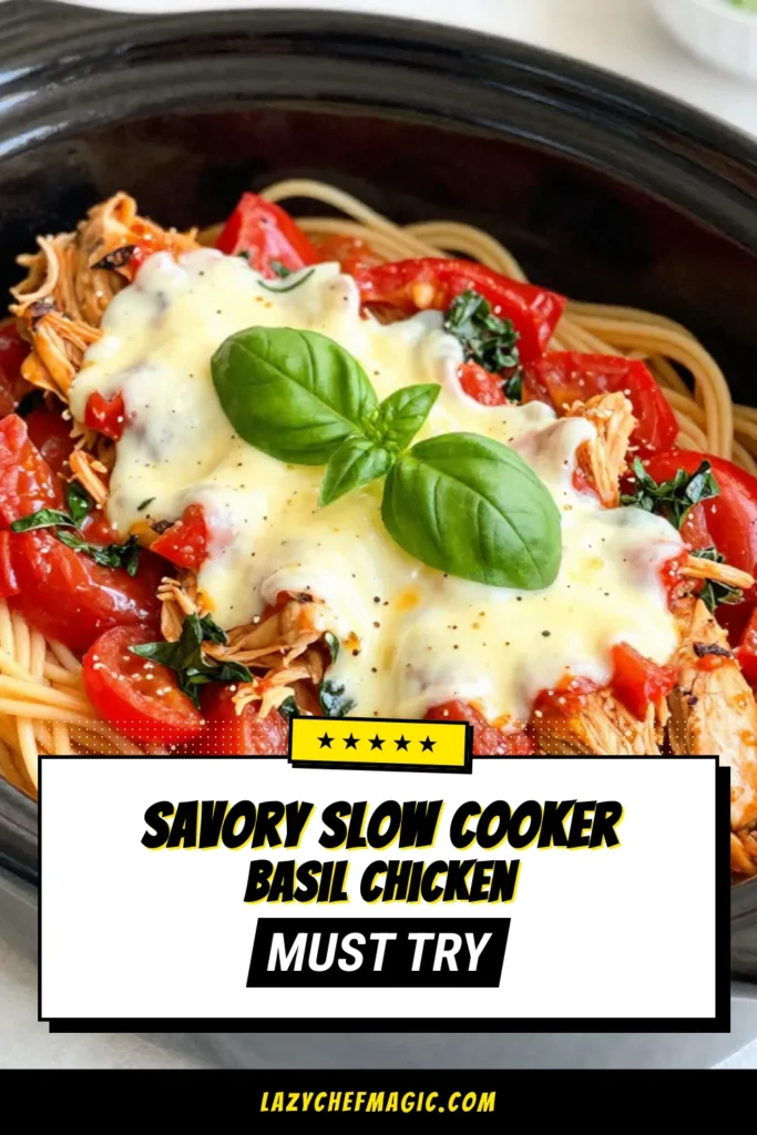 Looking for a delicious slow cooker chicken recipe? Try this Tomato Basil Chicken! This easy slow cooker meal combines tender chicken breasts with crushed tomatoes, fresh basil, and gooey mozzarella for the ultimate comfort food experience. Perfect over pasta or rice, it's an ideal weeknight dinner. Don&rsquo;t miss out on this crowd-pleasing mozzarella chicken recipe! Save this recipe for your next meal! #SlowCookerChicken #ComfortFood #EasyMeals #ChickenRecipes