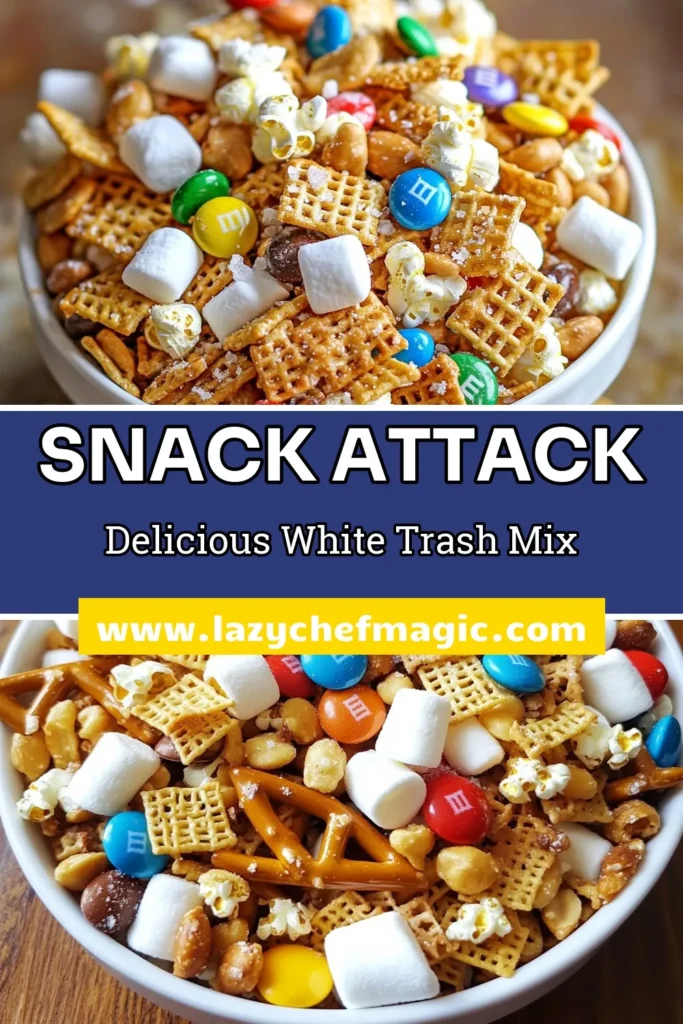 Discover the ultimate White Trash Snack Mix, a quick and easy snack recipe that perfectly balances sweet and salty flavors. This party snack mix combines Chex cereal, pretzel sticks, M&M's, and more for a delightful treat. Ideal for any occasion, our Chex mix variations can be customized to your taste. Make this crowd-pleaser today and enjoy the compliments! Save this recipe for your next gathering! #WhiteTrashSnackMix #EasySnackRecipes #PartySnackMix #SweetAndSaltySnack