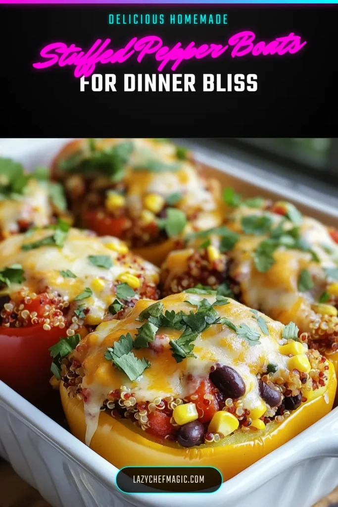 Enjoy these flavorful stuffed bell pepper boats for a healthy meal that's both satisfying and simple to prepare. Filled with quinoa, black beans, and topped with cheese, these vegetarian stuffed peppers are packed with nutrients. Perfect as a family dinner or meal prep option, these quinoa stuffed peppers are sure to impress. Get the recipe now and make this delicious healthy bell pepper recipe a favorite! #StuffedBellPeppers #QuinoaStuffedPeppers #VegetarianRecipes #HealthyEating