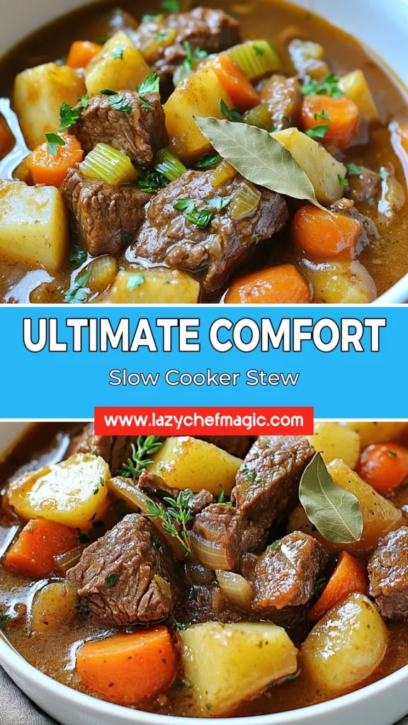 Discover the ultimate comfort food with this easy slow cooker beef stew recipe! Packed with tender beef, hearty vegetables, and rich flavors, this beef stew with vegetables is perfect for cozy nights. Just sear the beef, saut&eacute; the veggies, and let your slow cooker do the rest. It's simple and satisfying! Save this hearty beef stew recipe for a delicious family meal. #SlowCookerBeefStew #BeefStewRecipe #ComfortFood #EasyBeefStew