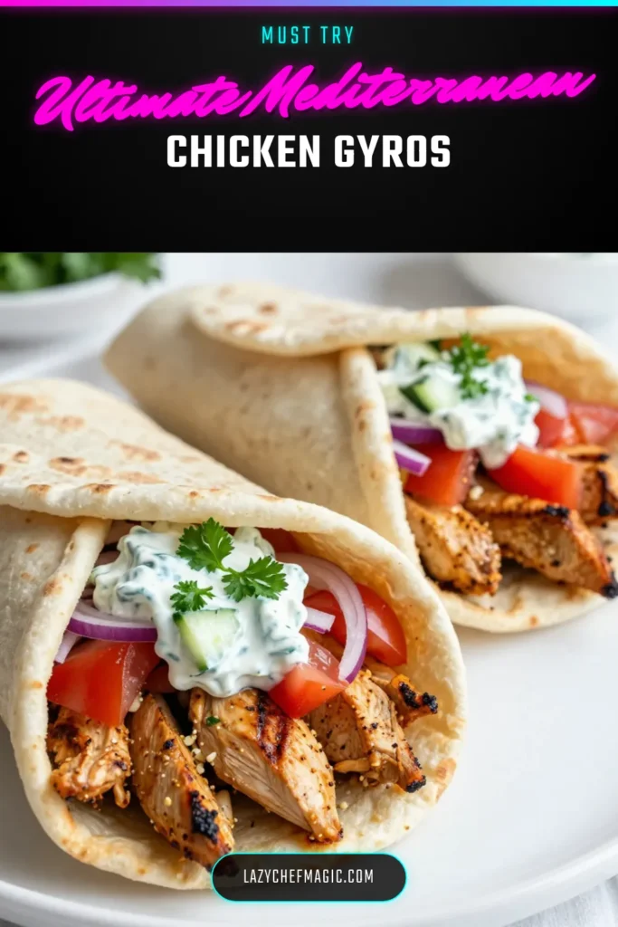 Delight in these Mediterranean chicken gyros that are perfect for a healthy dinner! This healthy chicken gyros recipe features tender grilled chicken, zesty homemade tzatziki sauce, and whole wheat pita gyros for a nutritious twist. Perfect for meal prep or a family feast, simply marinate your chicken and assemble with fresh veggies. Save this recipe and enjoy a taste of the Mediterranean at home! #MediterraneanGyros #HealthyRecipes #GrilledChicken #TzatzikiSauce