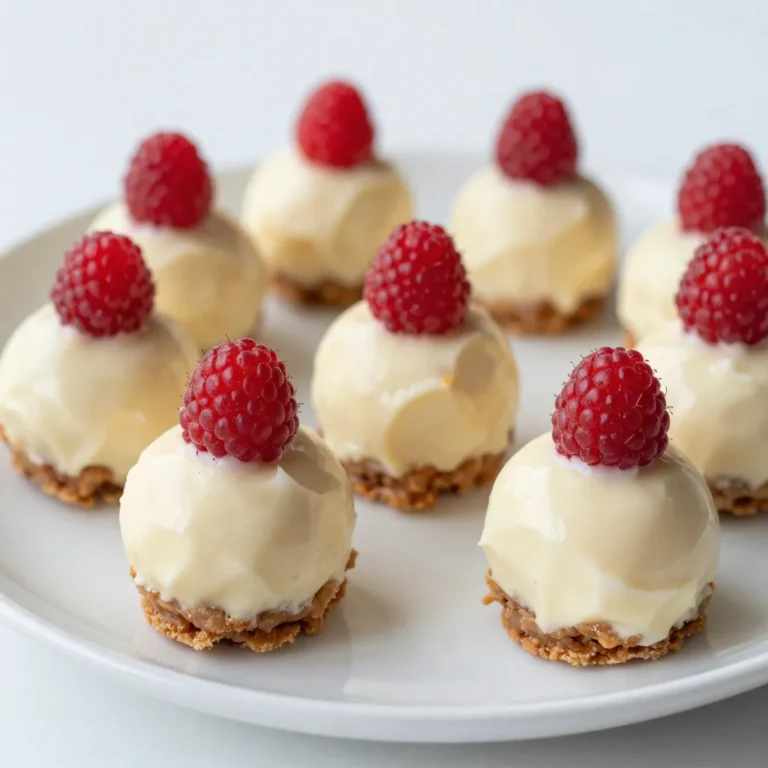 - 8 oz cream cheese, softened to room temperature - 1 cup powdered sugar - 1 teaspoon vanilla extract - 1 cup raspberry puree (use fresh or thawed frozen raspberries) - 1 cup crushed graham crackers - 1 cup white chocolate chips - 1 tablespoon coconut oil - Fresh raspberries for garnish (optional) When making cheesecake balls, quality matters. Choose full-fat cream cheese for creaminess. Look for a fine powdered sugar to avoid lumps. For the raspberry puree, fresh berries give the best flavor. If using frozen, ensure they are thawed and drained well. Pick high-quality white chocolate chips for a rich taste. Always check the dates on the packaging for freshness. The coconut oil should be pure and unrefined for the best results. If you have a dairy allergy, you can use vegan cream cheese. For a lower sugar option, try sugar substitutes like stevia or erythritol. Gluten-free graham crackers are available if you need a gluten-free version. You can also swap the white chocolate for dark chocolate if you prefer a deeper flavor. If you want to skip the coconut oil, you can use butter instead. {{ingredient_image_2}} To start, grab a large mixing bowl. Add 8 ounces of softened cream cheese. Use an electric mixer to beat it on medium speed. Mix until it is smooth and creamy without lumps. Next, slowly add 1 cup of powdered sugar. Keep mixing until it is fully blended. Then, pour in 1 teaspoon of vanilla extract and 1 cup of raspberry puree. Mix until the color is uniform and everything is combined. Now, take 1 cup of crushed graham crackers and fold them into the mixture. Use a spatula or wooden spoon for this. You want it to look like a thick batter. Cover the bowl with plastic wrap and chill it in the fridge for about 1 hour. This will help the mixture firm up. After your hour is up, take the bowl out of the fridge. Grab a tablespoon or cookie scoop to portion out the mixture. Roll each scoop between your hands to form a smooth ball. Place these balls on a parchment-lined baking sheet. Make sure they are spaced out well. This way, they won’t stick together while they chill. Now, let’s melt the white chocolate. In a microwave-safe bowl, add 1 cup of white chocolate chips and 1 tablespoon of coconut oil. Heat it in the microwave in 30-second intervals. Stir well between each interval until it is smooth and melted. Once it’s ready, take each cheesecake ball and dip it into the melted chocolate. Use a fork to help coat it evenly. Let any excess chocolate drip off before placing it back on the parchment sheet. For a finishing touch, drizzle any leftover melted chocolate over the balls. Then, if you like, put a fresh raspberry on top of each ball for extra color and flavor. Finally, return the baking sheet to the fridge for another 30 minutes to set the chocolate completely. To get the right texture for your cheesecake balls, use softened cream cheese. This makes mixing easy. Beat it until it’s smooth and creamy. Avoid lumps for a better final product. When you add the powdered sugar, do it slowly. This helps blend everything well. After adding the raspberry puree, mix until the color is uniform. Fold in the crushed graham crackers gently. This keeps the mixture thick and cohesive, making it easy to roll into balls. Refrigerate the mixture for about an hour. This helps it firm up, making shaping easier. One common mistake is not softening the cream cheese. This can lead to lumps in your mixture. Another mistake is skipping the refrigeration step. If you don’t chill the mixture, it will be too soft to roll. Make sure to coat each ball evenly in white chocolate. If you don’t, some bites may be dry. Lastly, don’t forget to garnish with fresh raspberries. It adds a nice touch and flavor that enhances the dish. You can easily change the flavor of your cheesecake balls. Try adding lemon or orange zest for a citrus kick. For chocolate lovers, mix in some cocoa powder. You can also use different fruit purees, like strawberry or blueberry. When it comes to toppings, you can use dark or milk chocolate instead of white. Chopped nuts or sprinkles can also add a fun crunch. If you like extra sweetness, drizzle some raspberry sauce over the finished balls. Pro Tips Chill for Better Texture: Ensure the mixture is well-chilled before rolling into balls. This will help them hold their shape better and make them easier to coat in chocolate. Quality White Chocolate Matters: Use high-quality white chocolate for coating. This will enhance the flavor and ensure a smooth, shiny finish. Experiment with Flavors: Feel free to add different flavors to the cream cheese mixture, such as lemon zest or almond extract, for a unique twist on the classic recipe. Storage Tips: Store the cheesecake balls in an airtight container in the refrigerator for up to a week. They can also be frozen for longer shelf life—just thaw before serving! {{image_4}} You can make these cheesecake balls even more fun. Try adding different flavors! - Chocolate: Mix in cocoa powder or melted dark chocolate for a rich taste. - Citrus: Add some lemon or lime zest for a zesty kick. - Nut: Fold in finely chopped nuts like almonds or walnuts for crunch. - Herbs: A hint of mint or basil can add a fresh twist. These flavors will give your cheesecake balls a unique twist. Not a fan of white chocolate? You have options! - Dark chocolate: Use dark chocolate for a richer flavor. - Milk chocolate: For a sweeter option, try milk chocolate. - Yogurt coating: Dip the balls in yogurt for a tangy touch. - Crushed nuts: Roll the balls in crushed nuts after dipping in chocolate. These coatings can change the taste and look of your treats. How you serve these cheesecake balls matters. Here are some ideas: - Sauces: Drizzle raspberry sauce or chocolate sauce on top. - Fruit: Serve with fresh berries for a lovely contrast. - Drinks: Pair with sparkling water or a fruity drink. - Platter: Arrange on a nice platter for a great presentation. These ideas will make your dessert more enjoyable for everyone. To keep your cheesecake balls fresh, place them in an airtight container. Line the container with parchment paper to avoid sticking. If you stack the balls, use more parchment between layers. This keeps them safe and tasty. In the fridge, your cheesecake balls will last about five days. Make sure they stay in that airtight container. If you store them in the freezer, they can last up to three months. Just remember to thaw them in the fridge before serving. You don’t need to reheat cheesecake balls. They taste best cold. If you want them a bit softer, let them sit at room temperature for about 10 minutes. This brings out their creamy texture and rich flavor. Enjoy them straight from the fridge or add a drizzle of raspberry sauce for an extra treat! Yes, you can make these cheesecake balls in advance. Prepare them up to two days ahead. After you coat them in white chocolate, store them in the fridge. This keeps them fresh and tasty. If you do not have raspberry puree, you can use other fruits. Strawberries or blueberries work great. You can also try using fruit jams or jellies. Just make sure it is smooth for the best texture. Yes, you can make these cheesecake balls gluten-free. Use gluten-free graham crackers instead of regular ones. Check the labels for other ingredients as well to ensure they are gluten-free. To get a smooth white chocolate coating, use high-quality chocolate chips. Mix them with coconut oil. Heat them slowly in the microwave. Stir often to keep the mixture smooth. You now have a complete guide to making White Chocolate Raspberry Cheesecake Balls. We covered ingredient selection, step-by-step instructions, and tips for success. Remember, choosing quality ingredients makes a big difference. Avoid common mistakes, and feel free to customize flavors. Proper storage keeps these treats fresh for longer. Enjoy making these delightful cheesecake balls any time. They are perfect for sharing or a sweet treat for yourself. Now, get cooking and impress everyone with your tasty creations!