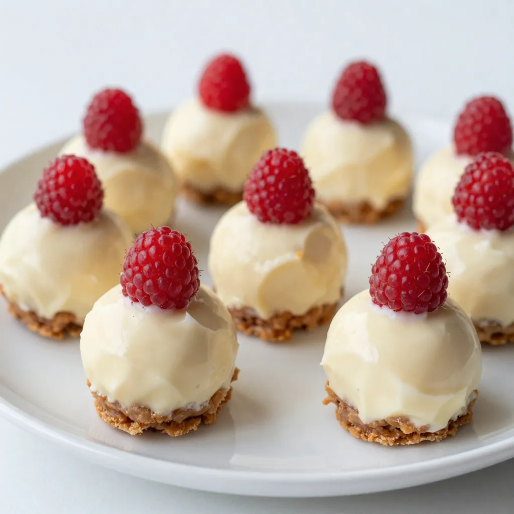 - 8 oz cream cheese, softened to room temperature - 1 cup powdered sugar - 1 teaspoon vanilla extract - 1 cup raspberry puree (use fresh or thawed frozen raspberries) - 1 cup crushed graham crackers - 1 cup white chocolate chips - 1 tablespoon coconut oil - Fresh raspberries for garnish (optional) When making cheesecake balls, quality matters. Choose full-fat cream cheese for creaminess. Look for a fine powdered sugar to avoid lumps. For the raspberry puree, fresh berries give the best flavor. If using frozen, ensure they are thawed and drained well. Pick high-quality white chocolate chips for a rich taste. Always check the dates on the packaging for freshness. The coconut oil should be pure and unrefined for the best results. If you have a dairy allergy, you can use vegan cream cheese. For a lower sugar option, try sugar substitutes like stevia or erythritol. Gluten-free graham crackers are available if you need a gluten-free version. You can also swap the white chocolate for dark chocolate if you prefer a deeper flavor. If you want to skip the coconut oil, you can use butter instead. {{ingredient_image_2}} To start, grab a large mixing bowl. Add 8 ounces of softened cream cheese. Use an electric mixer to beat it on medium speed. Mix until it is smooth and creamy without lumps. Next, slowly add 1 cup of powdered sugar. Keep mixing until it is fully blended. Then, pour in 1 teaspoon of vanilla extract and 1 cup of raspberry puree. Mix until the color is uniform and everything is combined. Now, take 1 cup of crushed graham crackers and fold them into the mixture. Use a spatula or wooden spoon for this. You want it to look like a thick batter. Cover the bowl with plastic wrap and chill it in the fridge for about 1 hour. This will help the mixture firm up. After your hour is up, take the bowl out of the fridge. Grab a tablespoon or cookie scoop to portion out the mixture. Roll each scoop between your hands to form a smooth ball. Place these balls on a parchment-lined baking sheet. Make sure they are spaced out well. This way, they won’t stick together while they chill. Now, let’s melt the white chocolate. In a microwave-safe bowl, add 1 cup of white chocolate chips and 1 tablespoon of coconut oil. Heat it in the microwave in 30-second intervals. Stir well between each interval until it is smooth and melted. Once it’s ready, take each cheesecake ball and dip it into the melted chocolate. Use a fork to help coat it evenly. Let any excess chocolate drip off before placing it back on the parchment sheet. For a finishing touch, drizzle any leftover melted chocolate over the balls. Then, if you like, put a fresh raspberry on top of each ball for extra color and flavor. Finally, return the baking sheet to the fridge for another 30 minutes to set the chocolate completely. To get the right texture for your cheesecake balls, use softened cream cheese. This makes mixing easy. Beat it until it’s smooth and creamy. Avoid lumps for a better final product. When you add the powdered sugar, do it slowly. This helps blend everything well. After adding the raspberry puree, mix until the color is uniform. Fold in the crushed graham crackers gently. This keeps the mixture thick and cohesive, making it easy to roll into balls. Refrigerate the mixture for about an hour. This helps it firm up, making shaping easier. One common mistake is not softening the cream cheese. This can lead to lumps in your mixture. Another mistake is skipping the refrigeration step. If you don’t chill the mixture, it will be too soft to roll. Make sure to coat each ball evenly in white chocolate. If you don’t, some bites may be dry. Lastly, don’t forget to garnish with fresh raspberries. It adds a nice touch and flavor that enhances the dish. You can easily change the flavor of your cheesecake balls. Try adding lemon or orange zest for a citrus kick. For chocolate lovers, mix in some cocoa powder. You can also use different fruit purees, like strawberry or blueberry. When it comes to toppings, you can use dark or milk chocolate instead of white. Chopped nuts or sprinkles can also add a fun crunch. If you like extra sweetness, drizzle some raspberry sauce over the finished balls. Pro Tips Chill for Better Texture: Ensure the mixture is well-chilled before rolling into balls. This will help them hold their shape better and make them easier to coat in chocolate. Quality White Chocolate Matters: Use high-quality white chocolate for coating. This will enhance the flavor and ensure a smooth, shiny finish. Experiment with Flavors: Feel free to add different flavors to the cream cheese mixture, such as lemon zest or almond extract, for a unique twist on the classic recipe. Storage Tips: Store the cheesecake balls in an airtight container in the refrigerator for up to a week. They can also be frozen for longer shelf life—just thaw before serving! {{image_4}} You can make these cheesecake balls even more fun. Try adding different flavors! - Chocolate: Mix in cocoa powder or melted dark chocolate for a rich taste. - Citrus: Add some lemon or lime zest for a zesty kick. - Nut: Fold in finely chopped nuts like almonds or walnuts for crunch. - Herbs: A hint of mint or basil can add a fresh twist. These flavors will give your cheesecake balls a unique twist. Not a fan of white chocolate? You have options! - Dark chocolate: Use dark chocolate for a richer flavor. - Milk chocolate: For a sweeter option, try milk chocolate. - Yogurt coating: Dip the balls in yogurt for a tangy touch. - Crushed nuts: Roll the balls in crushed nuts after dipping in chocolate. These coatings can change the taste and look of your treats. How you serve these cheesecake balls matters. Here are some ideas: - Sauces: Drizzle raspberry sauce or chocolate sauce on top. - Fruit: Serve with fresh berries for a lovely contrast. - Drinks: Pair with sparkling water or a fruity drink. - Platter: Arrange on a nice platter for a great presentation. These ideas will make your dessert more enjoyable for everyone. To keep your cheesecake balls fresh, place them in an airtight container. Line the container with parchment paper to avoid sticking. If you stack the balls, use more parchment between layers. This keeps them safe and tasty. In the fridge, your cheesecake balls will last about five days. Make sure they stay in that airtight container. If you store them in the freezer, they can last up to three months. Just remember to thaw them in the fridge before serving. You don’t need to reheat cheesecake balls. They taste best cold. If you want them a bit softer, let them sit at room temperature for about 10 minutes. This brings out their creamy texture and rich flavor. Enjoy them straight from the fridge or add a drizzle of raspberry sauce for an extra treat! Yes, you can make these cheesecake balls in advance. Prepare them up to two days ahead. After you coat them in white chocolate, store them in the fridge. This keeps them fresh and tasty. If you do not have raspberry puree, you can use other fruits. Strawberries or blueberries work great. You can also try using fruit jams or jellies. Just make sure it is smooth for the best texture. Yes, you can make these cheesecake balls gluten-free. Use gluten-free graham crackers instead of regular ones. Check the labels for other ingredients as well to ensure they are gluten-free. To get a smooth white chocolate coating, use high-quality chocolate chips. Mix them with coconut oil. Heat them slowly in the microwave. Stir often to keep the mixture smooth. You now have a complete guide to making White Chocolate Raspberry Cheesecake Balls. We covered ingredient selection, step-by-step instructions, and tips for success. Remember, choosing quality ingredients makes a big difference. Avoid common mistakes, and feel free to customize flavors. Proper storage keeps these treats fresh for longer. Enjoy making these delightful cheesecake balls any time. They are perfect for sharing or a sweet treat for yourself. Now, get cooking and impress everyone with your tasty creations!