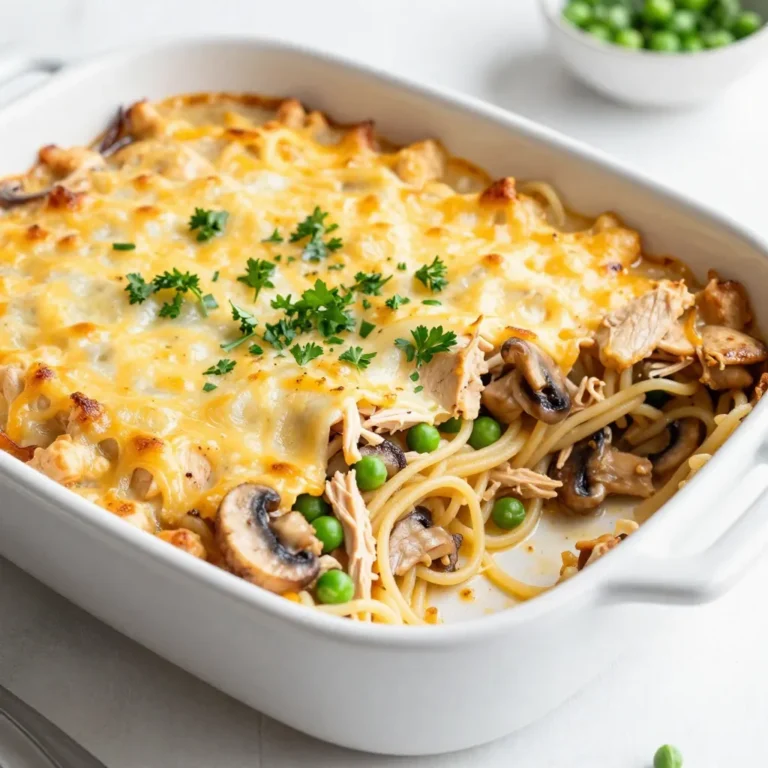 For this tasty dish, you'll need the following main ingredients: - 3 cups cooked chicken, shredded or diced - 8 ounces spaghetti or egg noodles - 1 cup mushrooms, sliced - 1 cup frozen peas - ½ cup onion, diced - 2 cloves garlic, minced - 3 cups chicken broth - 1 cup cream (or heavy cream alternative) - 1 cup shredded mozzarella cheese - 1 cup shredded Parmesan cheese - 4 tablespoons butter, divided - 4 tablespoons all-purpose flour - 1 teaspoon Italian seasoning - Salt and pepper to taste You can add these optional ingredients to boost the flavor: - Cooked bacon or ham for added protein - Fresh herbs like thyme or basil for a fresh twist - Red pepper flakes for some heat Garnishes can elevate your dish. Consider these: - Fresh parsley, chopped - Extra Parmesan cheese for a cheesy touch - Lemon zest for a bright finish {{ingredient_image_2}} First, cook the pasta. You can use spaghetti or egg noodles. Boil the water, add the pasta, and cook it until it's al dente. This means it should be firm but not hard. Drain the pasta and set it aside. Next, we sauté the vegetables. In a large skillet, melt two tablespoons of butter over medium heat. Add diced onion and sliced mushrooms. Cook these for about five minutes. The onions should become clear and the mushrooms soft. This step adds great flavor to the dish. Now, it’s time to make the sauce. Once the vegetables are ready, add minced garlic to the skillet. Cook this for about one minute. You want to smell the garlic but not burn it. Next, sprinkle in four tablespoons of flour. Mix it well with the veggies to make a roux. This will help thicken your sauce. Slowly pour in three cups of chicken broth and one cup of cream. Whisk it all together. Keep stirring until the sauce becomes smooth and thickens. This usually takes about four to five minutes. Now we combine everything. Add the shredded chicken and frozen peas to the skillet. Sprinkle in one teaspoon of Italian seasoning, salt, and pepper to taste. Mix all the ingredients until they are well combined and heated through. Preheat your oven to 350°F (175°C). In a large bowl, mix the cooked pasta with the chicken mixture. Stir in half of both cheeses, mozzarella and Parmesan. This helps to create a cheesy goodness throughout. Pour the full mixture into a greased 9x13 inch baking dish. Spread the rest of the cheeses on top. For extra flavor, dot the surface with the last two tablespoons of butter, cut into small pieces. Cover the dish with foil and bake it for 25 minutes. After that, remove the foil and bake for another 10 to 15 minutes. You want the cheese to bubble and turn golden brown. Once it’s ready, let it cool for a few minutes. This dish looks great served directly from the baking dish. You can add a sprinkle of parsley for a nice touch! - Always boil water before adding your pasta. - Use a large pot to prevent sticking. - Salt the water generously; it adds flavor. - Cook pasta until al dente, firm but not hard. - Drain the pasta, but don’t rinse it. This keeps the starch that helps sauces stick. Cooking pasta correctly is key to a great Chicken Tetrazzini. Al dente pasta holds its shape and texture better when mixed with the sauce. - Start with a roux by mixing flour and butter. - Gradually whisk in chicken broth and cream. - Stir constantly to prevent lumps. - Cook until the sauce thickens and is smooth. This method creates a rich sauce that coats the pasta perfectly. The cream balances the flavors and adds a comforting touch. - Use enough sauce to coat all ingredients well. - Don’t overbake; this can dry out your dish. - Cover with foil during the first half of baking. - Add extra cream or broth if it seems dry before baking. These steps ensure your Chicken Tetrazzini stays moist and delicious. A well-balanced dish is key to comfort food success. Pro Tips Use Leftover Chicken: This dish is a great way to use up any leftover roasted or rotisserie chicken to save time in preparation. Make it Ahead: Prepare the casserole a day in advance, cover it tightly, and store it in the refrigerator. Just bake it when you're ready! Customize the Veggies: Feel free to add or substitute your favorite vegetables like bell peppers or spinach for added nutrition and flavor. Cheese Variations: Experiment with different cheese blends, such as cheddar or gouda, for a unique twist on the traditional flavor. {{image_4}} You can switch up the protein in your chicken tetrazzini. Try turkey, ham, or even shrimp. Each choice adds a new twist to this dish. For turkey, use leftover roast turkey from the holidays. This makes it a great way to use up leftovers. If you want something lighter, choose shrimp. Just make sure to cook them until they are pink and firm. This way, they stay tender in your dish. If you prefer a meat-free option, I have you covered! Substitute the chicken with hearty veggies. Use ingredients like mushrooms, spinach, or roasted red peppers. These add great flavor and texture. You can also include chickpeas or lentils for a protein boost. Just follow the same steps as the original recipe. The creamy sauce and pasta will still shine through. Want to kick up the flavor? Add more herbs and spices. Fresh thyme or rosemary can really enhance the dish. For a spicy kick, try adding red pepper flakes. You can also mix in some sun-dried tomatoes for a rich flavor. To make it even creamier, swap half the broth with white wine. This gives a lovely depth. Don’t forget to taste as you go. Adjust the seasoning to fit your taste buds! After enjoying your Make-Ahead Chicken Tetrazzini, you will have leftovers. To store them, follow these steps: - Let the dish cool to room temperature. - Transfer any remaining Tetrazzini to an airtight container. - Store it in the fridge for up to three days. This method keeps your meal fresh and tasty for later. If you want to keep it longer, freezing is a great option. Freezing your Chicken Tetrazzini is simple and smart. Here’s how: - Allow the dish to cool completely. - Place it in a freezer-safe container or wrap it tightly in plastic wrap and aluminum foil. - Label it with the date and freeze for up to three months. This way, you can enjoy your tasty meal even later. Just remember to thaw it safely before reheating. Reheating your Chicken Tetrazzini correctly is key for flavor. Here are my tips: - For the oven: Preheat it to 350°F (175°C). Place the Tetrazzini in a baking dish. Cover it with foil to keep it moist. Bake for about 25 minutes or until hot. - For the microwave: Place a portion in a microwave-safe bowl. Heat on medium power for 2-3 minutes. Stir halfway to ensure even heating. Using these methods helps maintain the creamy texture and flavor of your dish. Enjoy your comfort food again! Yes, you can use different pasta types for Tetrazzini. Spaghetti and egg noodles work well. You can also try penne, fusilli, or even gluten-free pasta. Just make sure to cook the pasta al dente. This way, it won’t get too soft when you bake it. Yes, you can make this recipe gluten-free. Use gluten-free pasta and gluten-free flour. The rest of the ingredients are usually gluten-free. Just check labels to be sure. This way, everyone can enjoy the dish without worry. You can store leftovers in the fridge for up to four days. Place the dish in an airtight container. When you’re ready to eat, just reheat it in the oven or microwave. This keeps it tasty and safe to eat. In this blog post, I covered how to create a delicious make-ahead chicken tetrazzini. We explored the main and optional ingredients, plus garnishes for a tasty finish. I provided step-by-step instructions, including tips for cooking pasta and making a creamy sauce. We also looked at variations to meet different tastes and storage tips for leftovers. Remember, with the right ingredients and tips, you can make this dish your own. Enjoy sharing this comforting meal with family and friends!