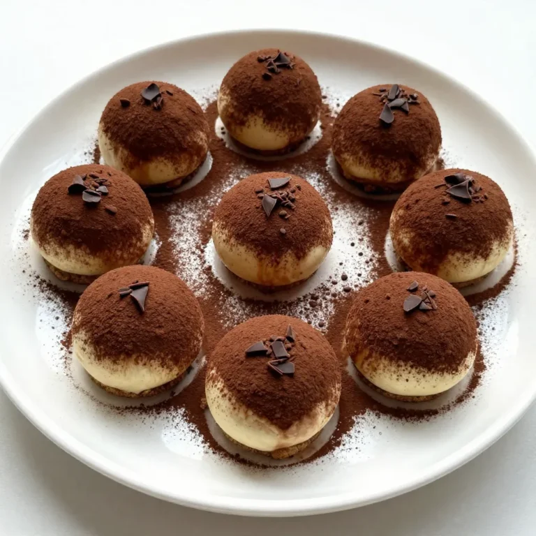 To make your no-bake tiramisu truffles, gather these key ingredients: - 1 cup mascarpone cheese - 1 cup cream cheese, softened at room temperature - 1/2 cup powdered sugar - 1 cup ladyfinger cookies, finely crushed - 1/2 cup brewed coffee, cooled to room temperature - 1 tablespoon cocoa powder (for coating) To add extra flavor, consider these optional ingredients: - 1 tablespoon espresso powder (for a richer coffee flavor) - Dark chocolate shavings (for garnish) If you can't find mascarpone cheese, you can use cream cheese as a substitute. Use a mixture of cream cheese and sour cream for a creamy texture. If you want a lighter version, try Greek yogurt instead of cream cheese. For a gluten-free option, look for gluten-free ladyfinger cookies or use crushed gluten-free cookies. {{ingredient_image_2}} Start with a big bowl. Add 1 cup of mascarpone cheese and 1 cup of cream cheese. Make sure the cream cheese is soft. Next, add in 1/2 cup of powdered sugar. Use a hand mixer to beat this mix. Set your mixer on medium speed. Keep mixing until it is smooth and creamy. You want no lumps in this mix. Now, take 1 cup of ladyfinger cookies and crush them finely. Gradually add this to your creamy mix. Stir well to blend it in. Then, slowly drizzle in 1/2 cup of cooled brewed coffee. Mix as you pour. If you want a stronger coffee taste, add 1 tablespoon of espresso powder. Keep mixing until the dough is firm but a bit sticky. Once your mix is ready, it’s time to form the truffles. Wash your hands, then scoop out about 1 tablespoon of the mixture. Roll it gently into a smooth ball. Place each truffle on a baking sheet lined with parchment paper. Make sure to leave space between them. After forming all the truffles, put the baking sheet in the fridge. Let them chill for at least 30 minutes. This will help them firm up nicely. When the truffles are firm, take them out of the fridge. For a rich finish, roll each truffle in cocoa powder. Make sure they get a nice coating. This gives them that classic tiramisu flavor. For a special touch, sprinkle dark chocolate shavings on top. This adds a beautiful look and extra taste to your truffles. Enjoy making these delightful treats! To make perfect tiramisu truffles, start with room-temperature cheese. This helps them mix smoothly. Use a hand mixer for a creamy texture. Beat the mascarpone and cream cheese until they are smooth. Gradually add the crushed ladyfingers. This step gives the truffles their unique texture. When adding coffee, pour slowly to avoid a runny mix. The dough should be firm but slightly sticky. One common mistake is using cold cheese. Cold cheese makes it hard to mix. Another mistake is not chilling the truffles long enough. If they are too soft, they won't hold their shape. Also, avoid over-mixing; it can make the truffles dense. Lastly, don’t skip the cocoa powder coating. It adds flavor and a nice look. For a lovely presentation, arrange the truffles on a stylish plate. A circular pattern looks nice. Lightly dust the plate with cocoa powder for an elegant touch. You can also add dark chocolate shavings on top for a special finish. Serve with a side of brewed coffee to enhance the flavor. This makes a delightful pairing for your guests. Pro Tips Chill the Ingredients: To achieve a firmer texture for your truffles, consider chilling the mascarpone and cream cheese for about 10 minutes before mixing. This helps them combine more easily. Customize the Flavor: Feel free to experiment with flavored coffee or liqueurs such as Kahlúa or Amaretto for a unique twist on the traditional tiramisu taste. Use Quality Ingredients: The quality of the mascarpone and coffee significantly affects the flavor of these truffles. Opt for fresh, high-quality brands for the best results. Make Ahead: These truffles can be prepared a day in advance. Store them in an airtight container in the refrigerator, allowing the flavors to meld beautifully overnight. {{image_4}} You can enhance your tiramisu truffles by adding liqueurs. Try adding 1-2 tablespoons of coffee liqueur. This adds depth and richness. If you like a fruity twist, use orange liqueur instead. Both options brighten the flavor. Making these truffles vegan is easy. Swap the mascarpone and cream cheese for vegan cream cheese. Use a plant-based whipped cream instead of regular cream. For gluten-free, choose gluten-free ladyfinger cookies. Always check labels to ensure they fit your diet. You can make these truffles festive with seasonal twists. For winter holidays, add a pinch of nutmeg or cinnamon to the mix. In summer, try adding fresh fruit puree for a refreshing touch. Each season brings a new chance to create! Store your no-bake tiramisu truffles in an airtight container. Use parchment paper between layers to avoid sticking. Keep the container in the fridge for the best taste. This helps maintain their creamy texture and flavor. These truffles last about one week in the fridge. If you want to keep them longer, you can freeze them. In the freezer, they stay good for up to three months. Make sure to wrap them well in plastic wrap and then place them in a freezer-safe bag. To thaw frozen truffles, move them to the fridge for several hours or overnight. Avoid thawing them at room temperature. This keeps them from becoming too soft. Enjoy them cold for the best taste experience! Yes, you can use regular cream cheese. It will make the truffles a bit tangier. If you want a creamier texture, use half mascarpone and half cream cheese. This mix keeps the rich taste of tiramisu. These truffles will last about five days in the fridge. Store them in an airtight container. This keeps them fresh and tasty. Yes, you can make these truffles ahead of time. They taste even better after chilling overnight. Just keep them in the fridge until you're ready to serve. If you can't find ladyfinger cookies, use sponge cake or graham crackers. Crush them finely and mix them in. This keeps the texture light and airy. To enhance the coffee flavor, use strong brewed coffee. Adding espresso powder boosts the taste too. Make sure the coffee is cooled before mixing it in. This helps blend the flavors well. You now have all the tools to make delicious truffles. We covered ingredients, mixing steps, and tips for success. Remember, variations can make your truffles stand out. Store them properly to enjoy later. With practice, you’ll avoid common mistakes and impress everyone with your treats. I hope you feel ready to create your own tasty truffles. Enjoy the process and have fun!