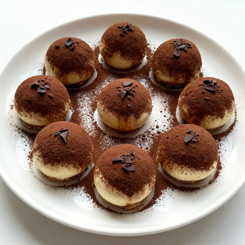 To make your no-bake tiramisu truffles, gather these key ingredients: - 1 cup mascarpone cheese - 1 cup cream cheese, softened at room temperature - 1/2 cup powdered sugar - 1 cup ladyfinger cookies, finely crushed - 1/2 cup brewed coffee, cooled to room temperature - 1 tablespoon cocoa powder (for coating) To add extra flavor, consider these optional ingredients: - 1 tablespoon espresso powder (for a richer coffee flavor) - Dark chocolate shavings (for garnish) If you can't find mascarpone cheese, you can use cream cheese as a substitute. Use a mixture of cream cheese and sour cream for a creamy texture. If you want a lighter version, try Greek yogurt instead of cream cheese. For a gluten-free option, look for gluten-free ladyfinger cookies or use crushed gluten-free cookies. {{ingredient_image_2}} Start with a big bowl. Add 1 cup of mascarpone cheese and 1 cup of cream cheese. Make sure the cream cheese is soft. Next, add in 1/2 cup of powdered sugar. Use a hand mixer to beat this mix. Set your mixer on medium speed. Keep mixing until it is smooth and creamy. You want no lumps in this mix. Now, take 1 cup of ladyfinger cookies and crush them finely. Gradually add this to your creamy mix. Stir well to blend it in. Then, slowly drizzle in 1/2 cup of cooled brewed coffee. Mix as you pour. If you want a stronger coffee taste, add 1 tablespoon of espresso powder. Keep mixing until the dough is firm but a bit sticky. Once your mix is ready, it’s time to form the truffles. Wash your hands, then scoop out about 1 tablespoon of the mixture. Roll it gently into a smooth ball. Place each truffle on a baking sheet lined with parchment paper. Make sure to leave space between them. After forming all the truffles, put the baking sheet in the fridge. Let them chill for at least 30 minutes. This will help them firm up nicely. When the truffles are firm, take them out of the fridge. For a rich finish, roll each truffle in cocoa powder. Make sure they get a nice coating. This gives them that classic tiramisu flavor. For a special touch, sprinkle dark chocolate shavings on top. This adds a beautiful look and extra taste to your truffles. Enjoy making these delightful treats! To make perfect tiramisu truffles, start with room-temperature cheese. This helps them mix smoothly. Use a hand mixer for a creamy texture. Beat the mascarpone and cream cheese until they are smooth. Gradually add the crushed ladyfingers. This step gives the truffles their unique texture. When adding coffee, pour slowly to avoid a runny mix. The dough should be firm but slightly sticky. One common mistake is using cold cheese. Cold cheese makes it hard to mix. Another mistake is not chilling the truffles long enough. If they are too soft, they won't hold their shape. Also, avoid over-mixing; it can make the truffles dense. Lastly, don’t skip the cocoa powder coating. It adds flavor and a nice look. For a lovely presentation, arrange the truffles on a stylish plate. A circular pattern looks nice. Lightly dust the plate with cocoa powder for an elegant touch. You can also add dark chocolate shavings on top for a special finish. Serve with a side of brewed coffee to enhance the flavor. This makes a delightful pairing for your guests. Pro Tips Chill the Ingredients: To achieve a firmer texture for your truffles, consider chilling the mascarpone and cream cheese for about 10 minutes before mixing. This helps them combine more easily. Customize the Flavor: Feel free to experiment with flavored coffee or liqueurs such as Kahlúa or Amaretto for a unique twist on the traditional tiramisu taste. Use Quality Ingredients: The quality of the mascarpone and coffee significantly affects the flavor of these truffles. Opt for fresh, high-quality brands for the best results. Make Ahead: These truffles can be prepared a day in advance. Store them in an airtight container in the refrigerator, allowing the flavors to meld beautifully overnight. {{image_4}} You can enhance your tiramisu truffles by adding liqueurs. Try adding 1-2 tablespoons of coffee liqueur. This adds depth and richness. If you like a fruity twist, use orange liqueur instead. Both options brighten the flavor. Making these truffles vegan is easy. Swap the mascarpone and cream cheese for vegan cream cheese. Use a plant-based whipped cream instead of regular cream. For gluten-free, choose gluten-free ladyfinger cookies. Always check labels to ensure they fit your diet. You can make these truffles festive with seasonal twists. For winter holidays, add a pinch of nutmeg or cinnamon to the mix. In summer, try adding fresh fruit puree for a refreshing touch. Each season brings a new chance to create! Store your no-bake tiramisu truffles in an airtight container. Use parchment paper between layers to avoid sticking. Keep the container in the fridge for the best taste. This helps maintain their creamy texture and flavor. These truffles last about one week in the fridge. If you want to keep them longer, you can freeze them. In the freezer, they stay good for up to three months. Make sure to wrap them well in plastic wrap and then place them in a freezer-safe bag. To thaw frozen truffles, move them to the fridge for several hours or overnight. Avoid thawing them at room temperature. This keeps them from becoming too soft. Enjoy them cold for the best taste experience! Yes, you can use regular cream cheese. It will make the truffles a bit tangier. If you want a creamier texture, use half mascarpone and half cream cheese. This mix keeps the rich taste of tiramisu. These truffles will last about five days in the fridge. Store them in an airtight container. This keeps them fresh and tasty. Yes, you can make these truffles ahead of time. They taste even better after chilling overnight. Just keep them in the fridge until you're ready to serve. If you can't find ladyfinger cookies, use sponge cake or graham crackers. Crush them finely and mix them in. This keeps the texture light and airy. To enhance the coffee flavor, use strong brewed coffee. Adding espresso powder boosts the taste too. Make sure the coffee is cooled before mixing it in. This helps blend the flavors well. You now have all the tools to make delicious truffles. We covered ingredients, mixing steps, and tips for success. Remember, variations can make your truffles stand out. Store them properly to enjoy later. With practice, you’ll avoid common mistakes and impress everyone with your treats. I hope you feel ready to create your own tasty truffles. Enjoy the process and have fun!