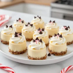 - 1 cup crushed graham crackers - 3 tablespoons melted butter - 2 tablespoons granulated sugar - 16 oz cream cheese, softened - 1 cup powdered sugar - 1 teaspoon vanilla extract - &frac14; teaspoon peppermint extract - 1 cup whipped cream - Mini chocolate chips (for garnish) - Crushed candy canes (for garnish) Each ingredient plays a special role in making these mini peppermint cheesecake bites rich and creamy. The graham crackers form a sweet and crumbly crust. The melted butter and sugar bind them together, giving them a nice texture. Cream cheese adds that wonderful creamy base. It pairs perfectly with the sweetness of powdered sugar and the warmth of vanilla extract. The peppermint extract brings in that festive flavor, making every bite delightful. Whipped cream is the secret to lightness in the cheesecake. It makes the filling fluffy and airy. The mini chocolate chips and crushed candy canes are not just for looks; they add crunch and a burst of flavor. With these ingredients, you&rsquo;ll create bites that are sure to impress. {{ingredient_image_2}} - Preheat the oven to 325&deg;F (160&deg;C). - Line a mini muffin tray with cupcake liners. - In a medium bowl, combine 1 cup of crushed graham crackers, 3 tablespoons of melted butter, and 2 tablespoons of granulated sugar. - Mix until it looks like wet sand. - Take about 1 tablespoon of this mixture and press it into each liner. - Bake for 5 minutes and then cool them on a wire rack. - In a large bowl, beat 16 ounces of softened cream cheese until smooth. - Gradually add 1 cup of powdered sugar, 1 teaspoon of vanilla extract, and &frac14; teaspoon of peppermint extract. - Mix until all ingredients combine well and the mixture is smooth. - Carefully fold in 1 cup of whipped cream with a spatula until fluffy and creamy. - Spoon or pipe the cheesecake mixture into each muffin liner over the cooled crust. - Fill them generously to create a nice dome shape. - Place the tray in the refrigerator and let the bites set for at least 2 hours. - Before serving, sprinkle mini chocolate chips and crushed candy canes on top for a festive touch. To get a great crust, your mixture must look like wet sand. Combine the crushed graham crackers, melted butter, and sugar well. This step is key for a solid base. After mixing, press the mixture firmly into each muffin liner. This will help the crust hold together when baked. Adjust the peppermint extract to find your perfect taste. If you want a stronger mint flavor, add a bit more extract. On the other hand, try using vanilla or almond extract for a different twist. You can also use citrus zest for a fresh, bright taste. For a festive touch, arrange the cheesecake bites on colorful platters. You can use festive decorations, like whole candy canes or sprigs of mint. To make them sparkle, sprinkle edible glitter or colorful sprinkles on top. This little detail adds charm to your dessert and makes it extra special. Pro Tips Chill Your Tools: For a smoother cheesecake filling, chill your mixing bowl and beaters in the refrigerator before use. This helps maintain a cooler temperature while mixing, resulting in a creamier texture. Use Room Temperature Ingredients: Ensure your cream cheese is at room temperature before mixing. This prevents lumps and creates a smoother filling. Don't Overmix: When folding in the whipped cream, be gentle. Overmixing can deflate the airiness, resulting in a denser cheesecake bite. Garnish Creatively: In addition to mini chocolate chips and crushed candy canes, consider adding a drizzle of chocolate sauce or a dollop of whipped cream for extra flair when serving. {{image_4}} You can change up the flavor of these cheesecake bites in fun ways. Consider a chocolate peppermint twist. For this, add cocoa powder to the cream cheese mixture. It gives a rich taste that pairs well with peppermint. You can also create seasonal fruit toppings. Try fresh berries or sliced strawberries. They add color and freshness to the bites. If you need a gluten-free version, swap the crust ingredients. Use gluten-free graham crackers or almond flour instead. Mix these with melted butter and sugar as before. This keeps the delicious taste while making it safe for everyone. You can switch up the toppings too. Instead of mini chocolate chips and crushed candy canes, try chopped nuts or caramel syrup. Sliced almonds or walnuts add a nice crunch. Drizzling with chocolate sauce gives a sweet touch. Use your favorite toppings to make these bites your own! To keep your mini peppermint cheesecake bites fresh, store them in the fridge. Place them in an airtight container. This method keeps them creamy and prevents drying. If you want to store them longer, you can freeze them. Wrap each bite in plastic wrap, then place them in a freezer-safe bag. This method helps preserve their taste and texture for later enjoyment. Mini peppermint cheesecake bites last about five days in the fridge. After this, they may start to lose their flavor and texture. If frozen, they can last up to three months. Just be sure to label your containers with the date you made them. This way, you will know when to enjoy them at their best. If your cheesecake bites feel a bit firm after storage, don&rsquo;t worry. You can restore their creamy texture. Simply let them sit at room temperature for about 15 minutes before serving. This helps soften them. For added flavor, you can top them with fresh whipped cream before serving. This little touch makes them feel fresh and exciting again. Yes, you can make these cheesecake bites a day in advance. Prepare them as directed and chill them in the fridge. This helps the flavors blend well. Just remember to add toppings before serving for the best look. You can tell they are set when they feel firm to the touch. Gently press the tops with your finger. If they spring back, they are ready. They should also look slightly glossy and smooth. You can use mascarpone cheese or Greek yogurt as substitutes. Mascarpone gives a rich flavor, while Greek yogurt makes it lighter. Both options will change the taste a bit, but they'll still taste great. Leftover cheesecake bites make a tasty snack. You can also crumble them on top of ice cream or mix them into a yogurt parfait. Another option is to blend them into a shake for a sweet treat. In this post, we explored how to make delightful mini peppermint cheesecake bites. We covered all the ingredients, step-by-step instructions, and tips for best results. You can easily customize flavors and enhance presentation for any occasion. Remember to store your bites properly for maximum freshness. Whether you plan to share or enjoy them solo, these treats are sure to impress. Creating them is simple and fun, making your dessert game stronger. Enjoy making these tasty bites your own!