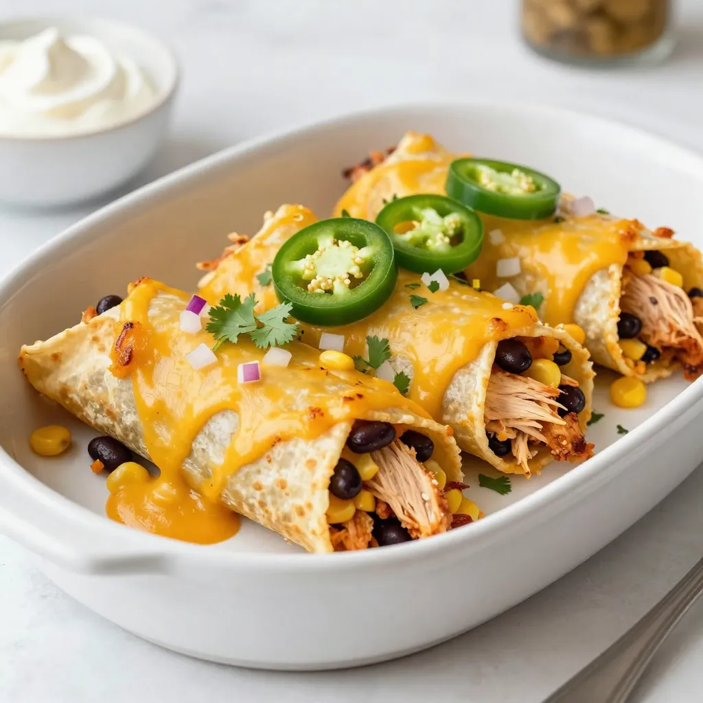 - 2 cups cooked chicken, shredded - 1 cup black beans, rinsed and drained - 1 cup corn (frozen or canned) - 1 teaspoon ground cumin - 1 teaspoon chili powder - ½ cup red onion, finely diced - 2 cloves garlic, minced - 8 small flour tortillas - 2 cups enchilada sauce (store-bought or homemade) - 2 cups shredded cheese (cheddar and Monterey Jack blend) - Fresh cilantro for garnish - Optional: Jalapeños for spice Gathering these ingredients is key to making delicious cheesy chicken enchiladas. You can change some items based on what you like. If you want to mix things up, here are some great swaps: - Use turkey instead of chicken for a lighter dish. - Swap black beans with pinto or kidney beans for a different flavor. - Try bell peppers instead of red onion for a sweet crunch. Garnishes make your enchiladas look great and add taste. Here are my favorites: - Chopped fresh cilantro adds color and flavor. - A dollop of sour cream offers creaminess. - Sliced jalapeños give a spicy kick for heat lovers. - Avocado slices add creaminess and freshness. These ingredients and ideas make your cheesy chicken enchiladas special. Enjoy the cooking! {{ingredient_image_2}} First, set your oven to 375°F (190°C). This helps the enchiladas cook evenly. In a large bowl, combine the shredded chicken, black beans, corn, and diced red onion. Add the minced garlic, ground cumin, and chili powder. Stir until everything is well mixed. This filling gives the enchiladas great flavor. Grab a 9x13 inch baking dish. Pour ½ cup of enchilada sauce into the dish. Spread it evenly across the bottom. This sauce adds moisture and taste to the base of your enchiladas. Take a tortilla and place about ⅓ cup of the chicken mixture in the center. If you like, add a bit of shredded cheese on top. Roll the tortilla tightly and place it seam-side down in the baking dish. Repeat this for all tortillas, filling and rolling them snugly. Pour the remaining enchilada sauce over the rolled tortillas. Make sure they are well coated. Then, sprinkle the rest of the shredded cheese on top. This will melt and create a cheesy layer. Cover the dish with aluminum foil to stop them from browning too fast. Bake in the oven for 20 minutes. After 20 minutes, remove the foil carefully. Return the dish to the oven and bake for another 10-15 minutes. Look for the cheese to be melted and bubbly, with a golden color. Once baked, take the dish out of the oven. Let it cool for a few minutes. This helps the enchiladas set. Garnish with chopped fresh cilantro and jalapeño slices if you want some heat. Serve warm and enjoy your delicious cheesy chicken enchiladas! To make great enchiladas, start with fresh ingredients. Use cooked chicken that is tender and juicy. Shred it well to mix easily with other ingredients. Rinse and drain black beans to keep them from being too wet. For flavor, use spices like cumin and chili powder. Don’t skip the garlic; it adds a nice kick. When filling tortillas, do not overstuff. About ⅓ cup of filling works best. This helps the tortillas stay rolled. Place them seam-side down in the dish to keep them closed during baking. For a great cheese melt, choose a blend of cheeses. A mix of cheddar and Monterey Jack works well. Grate the cheese yourself for better melting. Pre-shredded cheese often contains anti-caking agents that can affect melt quality. Add cheese both inside and on top of the enchiladas. This creates a gooey texture throughout. Cover the dish with foil for the first part of baking. This keeps the moisture in and helps the cheese melt evenly. Remove the foil for the last few minutes to get that golden brown finish. Spices can change the flavor of your enchiladas. Start with the amounts in the recipe, then adjust as needed. If you like heat, add more chili powder or some diced jalapeños into the filling. For a milder taste, reduce the spices slightly. Taste the filling before rolling it into the tortillas. This way, you can make sure it has the flavor you want. Remember, you can always add more spice, but it’s hard to take it away! Pro Tips Use Leftover Chicken: For a quicker preparation, utilize leftover rotisserie chicken. It saves time and adds great flavor! Customize the Heat: Adjust the spice level by adding more chili powder or including diced jalapeños in the filling for an extra kick. Cheese Variations: Experiment with different cheese blends, such as pepper jack or queso blanco, to create unique flavor profiles. Make Ahead: Prepare the enchiladas in advance and store them in the refrigerator. Just bake them right before serving for a convenient meal! {{image_4}} You can swap the chicken for veggies. Use beans, peppers, and zucchini. You may also add spinach or mushrooms. This keeps the flavor rich and cheesy while being meat-free. Choose your favorite cheese blend to melt on top. I love using a mix of cheddar and Monterey Jack for a creamy texture. To spice things up, add jalapeños or hot sauce to your filling. You can also use spicy chicken or pepper jack cheese. This will give your enchiladas a nice kick. Adjust the amount of chili powder based on your heat preference. The added heat makes every bite an adventure! For a fun twist, layer the ingredients like a casserole. Spread some sauce in the dish, add tortillas, then the chicken mix. Repeat layers until you run out of ingredients. Top with sauce and cheese, then bake. This method saves time and makes serving a breeze. Plus, you get extra cheesy goodness in every bite! Store leftover enchiladas in an airtight container. Layer parchment paper between the enchiladas to prevent sticking. Keep them in the fridge for up to three days. If you want to keep them longer, consider freezing. To reheat, preheat your oven to 350°F (175°C). Place the enchiladas in a baking dish. Add a splash of enchilada sauce on top to keep them moist. Cover the dish with foil and heat for about 20 minutes. Make sure they are hot all the way through before serving. Freezing enchiladas is easy! Wrap each enchilada tightly in plastic wrap. Then, place them in a freezer-safe bag. They can last for up to three months. To cook from frozen, bake at 375°F (190°C) for 40-50 minutes. Remove foil in the last 10 minutes for a nice cheese melt. Enjoy later! It takes about 50 minutes to cook Cheesy Chicken Enchiladas. You’ll need 20 minutes for prep and 30 minutes to bake. Baking time includes 20 minutes covered and 10-15 minutes uncovered. Yes, you can use rotisserie chicken. It saves time and adds great flavor. Just shred the chicken and mix it into your filling. This shortcut makes the dish even easier to prepare. Serve Cheesy Chicken Enchiladas with Mexican rice and a fresh salad. You can also add sour cream and guacamole for extra flavor. These sides balance the meal and add color to your plate. Yes, you can prepare the filling ahead of time. Store it in the fridge for up to two days. When you're ready, just fill the tortillas and bake them. This makes dinner prep quick and easy. To make homemade enchilada sauce, combine 1 can of tomato sauce with spices. Use garlic powder, chili powder, and ground cumin to taste. Simmer the sauce for 10-15 minutes. This sauce adds a fresh touch to your enchiladas. You’ve learned how to make Cheesy Chicken Enchiladas. Start with the right ingredients like chicken, beans, and spices. Follow the simple steps to bake a hearty dish. Remember the tips for cheese and spice adjustments. Feel free to explore variations and make it your own. Enjoy these tasty enchiladas with friends and family. They’ll love the flavor. This dish is great for meals now or later. Happy cooking!