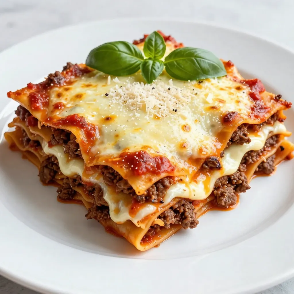 To make Classic Beef Béchamel Lasagna, you need to gather some simple ingredients. Here’s what you will need: - 1 pound ground beef - 9 lasagna noodles - 2 cups ricotta cheese - 2 cups shredded mozzarella cheese - 1 cup grated Parmesan cheese - 1 medium onion, finely chopped - 3 cloves garlic, minced - 2 cups marinara sauce - 4 cups whole milk - 1/2 cup all-purpose flour - 4 tablespoons unsalted butter - 1 teaspoon dried oregano - 1 teaspoon dried basil - Salt and black pepper to taste These ingredients come together to create a rich and tasty dish. The ground beef adds protein, while the cheeses bring creaminess. The noodles hold everything together beautifully. Fresh onion and garlic give it flavor. Marinara sauce adds tang, and the béchamel sauce makes it extra special. Using whole milk is key for a creamy béchamel. The herbs add a nice touch of aroma and taste. Make sure to season well with salt and pepper. This blend of ingredients makes every bite a delight. {{ingredient_image_2}} Start by preheating your oven to 375°F (190°C). This temperature helps the lasagna cook evenly and get that nice, golden crust. In a large skillet, add 1 pound of ground beef, 1 finely chopped onion, and 3 minced garlic cloves. Season with salt, black pepper, 1 teaspoon dried oregano, and 1 teaspoon dried basil. Sauté on medium heat for about 7-10 minutes until the beef turns brown and the onions soften. If there is too much fat, drain it off to keep it light and tasty. Once the beef is cooked, stir in 2 cups of marinara sauce. Let this mixture simmer on low heat for 5 minutes. This step helps the flavors blend together and makes the sauce richer. Set the skillet aside to cool slightly. Bring a large pot of salted water to a boil. Cook 9 lasagna noodles according to the package instructions, which usually takes about 8-10 minutes. You want them to be al dente. Drain the noodles and lay them flat on parchment paper or a clean kitchen towel to stop them from sticking together. In a medium saucepan over medium heat, melt 4 tablespoons of unsalted butter. Once melted, whisk in 1/2 cup of all-purpose flour and cook for about 2 minutes. Stir constantly to avoid lumps. Gradually pour in 4 cups of whole milk, whisking until the sauce thickens, which takes about 5-7 minutes. Season this béchamel sauce with salt and black pepper to taste for added flavor. In a 9x13 inch baking dish, start with a layer of the beef mixture. Place 3 lasagna noodles over the sauce. Spoon a layer of 2 cups of ricotta cheese over the noodles. Drizzle some béchamel sauce on top and sprinkle with shredded mozzarella cheese. Repeat these layers until you reach the top, finishing with a generous layer of mozzarella and a sprinkle of grated Parmesan cheese for a lovely crust. Cover the baking dish tightly with aluminum foil to keep moisture in. Bake in the preheated oven for 25 minutes. After that, remove the foil and bake for another 15-20 minutes until the cheese is golden and bubbly. After taking the lasagna out of the oven, let it rest for 10 minutes. This helps it set and makes slicing easier. Serve warm with a fresh side salad or some crusty bread for a full meal experience. To make a great beef mixture, start with fresh ground beef. Use a medium heat to cook it. This keeps the beef juicy. Add finely chopped onion and minced garlic for flavor. Season with salt, black pepper, oregano, and basil. Sauté until the beef is brown and onions are soft. If there's too much fat, drain it off. This step lightens the dish and lets the flavors shine. Béchamel sauce can be tricky. If it’s too thick, just whisk in more milk until it’s creamy. If it’s lumpy, keep whisking and heat it gently. To avoid lumps, add flour to melted butter first. Stir it well before adding milk. This creates a smooth base. Season it with salt and black pepper for extra flavor. When you layer, be sure to spread each layer evenly. Start with beef mixture on the bottom. Then add noodles, ricotta, and béchamel. Use three noodles per layer for balance. Repeat the layers until you reach the top. Finish with a thick layer of mozzarella and Parmesan. This helps prevent sticking and ensures each bite is delicious. Pro Tips Use Fresh Herbs: Fresh herbs can elevate the flavor profile of your lasagna. Consider adding fresh basil or oregano between layers for a burst of freshness. Let it Rest: Allowing the lasagna to rest for at least 10 minutes after baking helps the layers set, making it easier to slice and serve. Mix Cheeses: For a more complex flavor, mix different types of cheese in the ricotta layer, such as adding goat cheese or cream cheese for creaminess. Freezing Tips: If you plan to freeze the lasagna, assemble it without baking and cover it tightly with foil. When ready to eat, bake from frozen, adding extra time to ensure it's heated through. {{image_4}} You can easily make a vegetarian lasagna. Instead of beef, try these tasty substitutes: - 1 pound of mushrooms, finely chopped - 1 pound of lentils, cooked - 1 pound of zucchini, sliced thin These options add great taste and texture. You can mix them up, too! Cheese makes lasagna special. Besides ricotta and mozzarella, you can try: - Goat cheese for a tangy flavor - Fontina for creaminess - Havarti for a smooth melt Mixing cheeses gives your dish a unique flavor. Feel free to get creative! Want to boost the flavor? Here are some great add-ins: - Spinach or kale for greens - Roasted red peppers for sweetness - Olives for a salty kick Adding these ingredients will make your lasagna even more delicious. Don't be afraid to experiment! To store leftover lasagna safely, first let it cool to room temperature. Then, cover it tightly with plastic wrap or aluminum foil. You can also place it in an airtight container. This helps keep the flavors fresh. Leftover lasagna stays good for about 3 to 5 days in the fridge. If you want to save lasagna for later, freezing is a great option. First, cool the lasagna completely. Then cut it into single portions. Wrap each piece in plastic wrap, then place it in a freezer bag. Remove as much air as possible. Lasagna can last in the freezer for up to 3 months. When you are ready to eat it, thaw it in the fridge overnight before reheating. To reheat lasagna without losing quality, use the oven. Preheat your oven to 375°F (190°C). Place the lasagna in an oven-safe dish and cover it with foil. Heat for about 20-25 minutes, or until it's hot throughout. If you want a crispy top, remove the foil for the last 5-10 minutes. You can also use the microwave for quick reheating, but it may not keep the texture as nice. Heat in short bursts and check often. To reheat lasagna, use your oven for the best results. Preheat your oven to 350°F (175°C). Place the lasagna in a baking dish. Add a few drops of water to keep it moist. Cover the dish with foil to trap steam. Bake for about 20-25 minutes. If you want a bubbly top, remove the foil for the last 5 minutes. This keeps the texture great and warms it evenly. Yes, you can make lasagna ahead of time. Assemble it completely, but do not bake it. Cover it tightly with foil or plastic wrap. You can store it in the fridge for up to 24 hours. When ready, bake it as usual. If it’s cold from the fridge, add 10-15 minutes to the baking time. Lasagna pairs well with several side dishes. A fresh green salad is a great choice. You can add a light vinaigrette for extra flavor. Garlic bread is another favorite to serve. It adds a nice crunch and complements the dish well. Steamed vegetables like broccoli or carrots also work well. Lasagna can last in the refrigerator for about 3-5 days. Be sure to store it in an airtight container. If you see any mold or an off smell, it’s best to toss it. Enjoy the leftovers within the week for the best taste and safety. Yes, you can use no-boil noodles in your lasagna. They work great and save time. Just layer them as you would regular noodles. They will absorb moisture from the sauce while baking. This gives you a nice, tender lasagna without the need for pre-cooking. In this blog, I shared the key ingredients and steps for making lasagna. I covered cooking the beef, preparing the béchamel, and layering the dish for the best taste. I also offered tips to perfect each part, suggested variations, and provided storage options. Lasagna is a rewarding meal to make. With practice, you can create your own delicious version. Enjoy experimenting with flavors and wow your family and friends. Now, you have all the tools to bake a tasty lasagna!