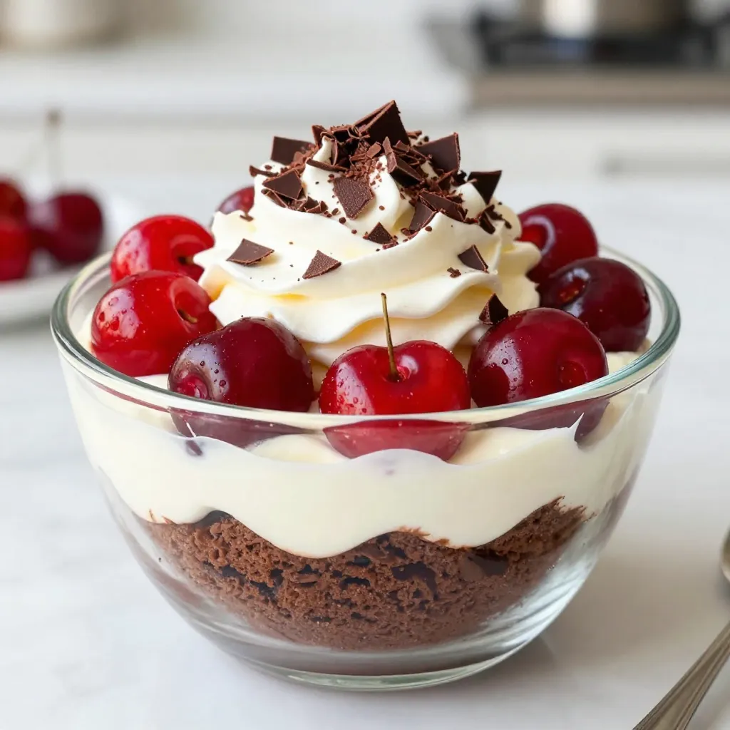 To make the Black Forest Trifle, gather these simple ingredients: - 2 cups chocolate cake, crumbled into bite-sized pieces - 2 cups fresh cherries, pitted and halved for easy eating - 2 cups whipped cream, light and fluffy - 1 cup mascarpone cheese, rich and creamy - 1 tablespoon pure vanilla extract for flavor depth - 1/2 cup powdered sugar, sifted for smoothness - 1/4 cup dark chocolate shavings for texture and richness - 1/4 cup grated chocolate for garnish and extra chocolate flavor Each ingredient plays a key role in the trifle's overall taste and texture. The chocolate cake adds a rich base, while the fresh cherries bring a burst of juicy flavor. The whipped cream and mascarpone cheese create a creamy, dreamy layer that balances the dessert. Sifting powdered sugar helps keep the mascarpone mixture smooth. Dark chocolate shavings and grated chocolate provide a touch of elegance and extra chocolate goodness on top. Make sure to use fresh ingredients for the best taste. This combination will create a delightful treat that looks as good as it tastes! {{ingredient_image_2}} To start, gather your ingredients. You need mascarpone cheese, vanilla extract, and powdered sugar. In a medium bowl, add the mascarpone cheese. Pour in one tablespoon of pure vanilla extract. Next, add half a cup of sifted powdered sugar. Use a hand mixer or a spatula to mix. Blend until the mixture is smooth and creamy. Make sure there are no lumps. This creamy mascarpone mixture will be a key layer in your trifle. Begin your trifle by layering half of the crumbled chocolate cake at the bottom of your trifle dish. Spread it out evenly to create a solid base. Next, spoon half of the mascarpone mixture over the cake. Use a spatula to spread it out smoothly. Make sure it touches the edges of the dish. Now it’s time for the cherries! Add a layer of fresh cherries on top, spreading them evenly. This ensures every bite has delicious cherry flavor. Finally, dollop half of the whipped cream on top, smoothing it out for a fluffy finish. Repeat the layering process. Start with the rest of the crumbled chocolate cake, followed by the remaining mascarpone mixture. Add another layer of cherries, and then top with the last of the whipped cream. Smooth the top for a nice look. For a decorative touch, sprinkle dark chocolate shavings and grated chocolate on top. Cover your trifle with plastic wrap or a lid. Refrigerate it for at least two hours. This time lets the flavors mix and the cake absorb moisture. It’s a key step for a tasty dessert! To make your trifle look great, even layers are key. Start by crumbling the chocolate cake into small, bite-sized pieces. This helps it spread evenly. When adding the layers, take your time to smooth out each one. Use a spatula to gently press the layers down. This creates a nice shape. When you add the mascarpone mixture, ensure it touches the edges of the dish. This method keeps each layer distinct and makes for a pretty presentation. You can make the trifle a day before your event. Just cover it well with plastic wrap. The flavors will mix nicely while it chills. The trifle will stay fresh in the fridge for up to three days. If you store it longer, the layers might get too soggy. To avoid this, add whipped cream just before serving. This keeps it light and fluffy. For a lovely touch, serve the trifle in decorative cups. Clear cups let the layers shine through. You can also use small mason jars for a fun look. When ready to serve, add a whole cherry on top of each cup. Sprinkle extra dark chocolate shavings for a delightful finish. This makes each serving feel special and elegant. Pro Tips Choose Ripe Cherries: Select fresh, ripe cherries for the best flavor. Look for cherries that are bright in color and firm to the touch for a sweet burst in every bite. Layering Technique: For a beautifully layered trifle, ensure each layer is spread evenly. Use a spatula to smooth out each layer, creating a visually appealing presentation. Chill Time: Allow the trifle to chill for at least 2 hours before serving. This time helps the flavors meld together and the cake absorb moisture, resulting in a more cohesive dessert. Garnishing Tips: For an elegant finish, garnish with whole cherries and additional chocolate shavings just before serving. This adds a touch of sophistication to your presentation. {{image_4}} You can change the type of cake in your trifle. Instead of chocolate cake, try sponge cake or even brownies. Each cake brings a new taste and texture. A light sponge makes it airy, while brownies add richness. Feel free to experiment. Use whatever you love! For a fun twist, add liqueurs like Kirsch. This cherry-flavored liqueur enhances the fruit's taste. Just a splash adds depth and makes the dessert more adult-friendly. Mix it into the mascarpone or drizzle it on the cherries. You control how much flavor you want! If you need a gluten-free option, use gluten-free cake. There are many choices available now. For a vegan trifle, swap out the mascarpone and whipped cream for plant-based alternatives. Look for coconut cream or vegan cream cheese. Both options work well and keep the dessert creamy! To keep your Black Forest trifle fresh, cover it well. Use plastic wrap or a lid. This keeps air out and prevents drying. If you have leftovers, store them in the fridge. Avoid leaving the trifle at room temperature for too long. It’s best to enjoy it cold. Your trifle stays fresh in the fridge for about three days. After that, the layers may start to lose their charm. The cake can become soggy, and the cream may separate. For the best taste and texture, eat it soon after making it. Yes, you can freeze the trifle! However, I recommend freezing only the cake layers. The cream and fruit do not freeze well. To freeze, wrap the cake layers tightly in plastic wrap and place them in a freezer bag. When you are ready to enjoy, thaw them in the fridge overnight. Then, assemble the trifle with fresh cream and cherries. This way, you still get that delightful taste! A Black Forest Trifle is a layered dessert that combines chocolate cake, cherries, and cream. This dessert has roots in Germany, inspired by the famous Black Forest cake. The trifle typically features rich, moist chocolate cake layered with sweet cherries and fluffy whipped cream. Each layer brings a delightful texture and flavor. The dessert is a feast for the eyes and the taste buds, often served in a clear dish to show off its beautiful layers. Yes, you can use frozen cherries in your trifle. However, they may change the texture a bit. Frozen cherries release more juice when thawed. This can make the layers a bit wetter. To avoid this, drain the thawed cherries before adding them to the trifle. The flavor will still be lovely, and you can enjoy the taste of Black Forest trifle even when fresh cherries are out of season. Making whipped cream at home is simple and fun! Here’s how: 1. Start with 1 cup of heavy cream in a mixing bowl. 2. Add 1 tablespoon of sugar and 1 teaspoon of vanilla extract. 3. Use a hand mixer or a whisk to beat the cream. 4. Whip the cream until soft peaks form. This means it holds its shape but is still smooth. Fresh whipped cream tastes better than store-bought. You can also adjust the sweetness to your liking. Enjoy it in your trifle for a light, creamy layer! This blog post explored making a delicious Black Forest Trifle. We covered ingredients such as chocolate cake and fresh cherries, along with the steps for layering and assembling. I shared tips on perfecting each layer and how to present the trifle beautifully. You also learned about variations, storage methods, and answers to common questions. Enjoy this dessert on special occasions or just because. It’s fun to make and share!