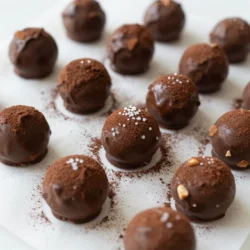 To make salted caramel fudge truffles, gather these key items: - 1 cup heavy cream - 2 cups semi-sweet chocolate chips - 1 cup granulated sugar - 1/4 cup unsalted butter, cut into small pieces - 1 teaspoon vanilla extract - 1/2 teaspoon sea salt (plus additional for garnish) - 1/2 cup cocoa powder (for dusting) You can add your own twist to the truffles with these extras: - 1/2 cup finely chopped nuts (for rolling) - Flavored extracts like almond or peppermint - A pinch of espresso powder for a coffee kick If you&rsquo;re out of something, don&rsquo;t worry! Here are some swaps: - Use coconut cream instead of heavy cream for a dairy-free option. - Swap semi-sweet chocolate chips for dark chocolate chips if you like a richer taste. - Use brown sugar instead of granulated sugar for a deeper flavor in your caramel. {{ingredient_image_2}} To start, gather your ingredients. You need granulated sugar and water. In a medium saucepan, mix the sugar and 1/4 cup of water. Place it on medium heat. Stir gently until the sugar dissolves. Once it dissolves, stop stirring and let it boil. Watch closely as it changes color. After about 8-10 minutes, it should turn golden amber. When it reaches that color, carefully pour in the heavy cream. Be careful; it will bubble up. Stir gently until the mixture is smooth and well combined. Remove the pan from heat. Add unsalted butter, vanilla extract, and sea salt. Mix until the butter melts and everything is combined. Next, move to the chocolate. Place the semi-sweet chocolate chips in a heatproof bowl. Pour the warm caramel sauce over the chips. Let it sit for 2-3 minutes without stirring. This lets the chocolate melt nicely. After waiting, stir the mixture until it is smooth and glossy. Make sure there are no lumps. A good melt is key for a rich truffle. Once your mixture is ready, cover the bowl with plastic wrap. Place it in the fridge for about 2 hours. This helps the mixture firm up. After chilling, use a melon baller or small cookie scoop. Portion out small amounts of the truffle mixture. With clean hands, roll each portion into a ball. If you like nuts, roll some truffles in finely chopped nuts. For a classic touch, roll the truffles in cocoa powder. If you want a salty kick, sprinkle a bit of sea salt on top. Arrange the truffles on a baking sheet lined with parchment paper. Chill them for another 30 minutes to set firmly. When making these truffles, avoid stirring the sugar while it boils. This can cause the sugar to crystallize, ruining your caramel. Remember to watch the color closely. If the caramel turns too dark, it may taste bitter. Lastly, be careful when adding cream to the hot caramel. The mixture can bubble up quickly, so pour slowly. To get that smooth and silky texture, use high-quality chocolate chips. The better the chocolate, the creamier the truffles will be. Let the warm caramel sit on the chocolate for a few minutes before stirring. This helps the chocolate melt evenly. Also, ensure you mix gently until everything is combined. This keeps air bubbles from forming in your truffles. You can jazz up your truffles with extra flavors. Try adding a teaspoon of espresso powder for a coffee kick. A dash of orange zest can give a fresh twist. For a spicy note, consider a pinch of cayenne pepper. You could also roll some truffles in chopped nuts or toasted coconut for added texture and taste. Pro Tips Use a Candy Thermometer: For precision, consider using a candy thermometer to monitor the caramel&rsquo;s temperature, ensuring it reaches the perfect golden stage without burning. Cool Gradually: Allow the caramel to cool gradually before adding it to the chocolate. This helps prevent seizing and ensures a smooth mixture. Chill for Texture: Chilling the truffle mixture for a longer period can yield a firmer texture, making it easier to roll into perfect spheres. Experiment with Coatings: Don&rsquo;t hesitate to experiment with different coatings like crushed pretzels or toasted coconut for a unique flavor twist! {{image_4}} You can easily customize these salted caramel fudge truffles. Adding nuts gives a lovely crunch. Try using finely chopped almonds, pecans, or hazelnuts. You can also add spices. A pinch of cinnamon or a dash of espresso powder boosts flavor. These small changes can make your truffles unique and personal. Rolling options can change the look and taste of your truffles. Cocoa powder is classic and rich. For a fun twist, try colorful sprinkles or shredded coconut. You can even use crushed graham crackers for a s'mores vibe. Experiment with different coatings to find your favorite. Adapting this recipe for dietary needs is simple. For a vegan version, use coconut cream instead of heavy cream and dairy-free chocolate chips. Ensure your sugar is vegan as well. For gluten-free options, check that your chocolate chips and any add-ins are certified gluten-free. These swaps keep the truffles tasty and suitable for everyone. To keep your salted caramel fudge truffles fresh, place them in an airtight container. Layer parchment paper between truffles to prevent sticking. Store them in the refrigerator to maintain their texture. Avoid leaving them at room temperature for too long, as they can soften. When stored correctly, truffles can last about two weeks in the fridge. If you want to keep them longer, you can freeze them. Place the truffles in a single layer on a baking sheet and freeze for about an hour. Once firm, transfer them to a freezer-safe bag. They can last up to three months in the freezer. If your truffles become too soft, refrigerate them for a bit to firm up. If they are frozen, let them sit at room temperature for about 10-15 minutes before enjoying. This helps restore their creamy texture without melting. Avoid reheating truffles in the microwave, as this can alter their taste and texture. Yes, you can make these truffles ahead of time. They keep well in the fridge. You can store them for up to a week. Just keep them in an airtight container. This makes it easy to have a sweet treat ready when you need one! If you don't have heavy cream, you can use coconut cream. It gives a nice flavor and texture. Another option is to use half-and-half, but the truffles may be less rich. You can also try using a dairy-free cream. Each option adds its own twist to the truffles! Watch the sugar as it cooks. When it turns a golden amber color, it is ready. This usually takes about 8-10 minutes. Be careful not to burn it. If it smells very sweet and looks golden, you have made great caramel! You learned how to make delicious salted caramel fudge truffles. We covered ingredients, steps, and tips to avoid mistakes. These truffles can fit any taste with simple swaps and variations. Remember to store them right for the best flavor. Whether you make them ahead or adapt for diets, you&rsquo;re all set to impress. Enjoy the fun of creating your own tasty treats!