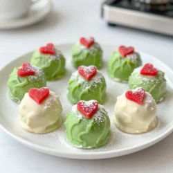 - 1 cup crushed green-tinted cookies - 8 oz cream cheese, softened - 1 cup white chocolate chips - Green candy melts - Red candy hearts or M&M's - Powdered sugar - Optional: &frac12; teaspoon mint extract To make Grinch truffles, you need a few simple ingredients. Start with 1 cup of crushed green-tinted cookies. These give the truffles their fun color and flavor. I love using Oreos for this, but you can choose any green cookie you find. Next, grab 8 oz of cream cheese. Make sure it's softened. This ingredient helps bind everything together. It also adds a nice creaminess to the truffles. You will also need 1 cup of white chocolate chips. These will coat the truffles and give them a sweet taste. Melted white chocolate is key for that beautiful outer layer. For a festive touch, use green candy melts. These will add color and make the truffles look extra special. Don&rsquo;t forget the red candy hearts or M&M's. These act as the Grinch's heart on top of each truffle. You can add a dusting of powdered sugar for a snowy effect. It makes them look like they just came out of a winter wonderland. Lastly, you can add &frac12; teaspoon of mint extract if you want a refreshing flavor. It pairs well with the sweetness and adds a surprise. With these ingredients, you&rsquo;re ready to create delightful Grinch truffles that everyone will enjoy! {{ingredient_image_2}} First, grab a large mixing bowl. Combine 1 cup of crushed green-tinted cookies and 8 ounces of softened cream cheese. Use a spatula or mixer to blend them well. If you want a minty flavor, add &frac12; teaspoon of mint extract now and mix again. This step makes the truffle base creamy and delicious. Once mixed, wash your hands and roll the mixture into small balls. Aim for about 1 inch in diameter. Place these balls on a lined baking sheet. The parchment paper helps keep them from sticking. This is where the fun starts! Now it&rsquo;s time to chill. Put the baking sheet in the freezer for 30 minutes. This makes the truffles firm and easy to coat later. It&rsquo;s a simple step that makes a big difference. While the truffles chill, melt 1 cup of white chocolate chips. Use a microwave-safe bowl for this. Heat them in 30-second intervals, stirring in between. Stop when the chocolate is smooth. Avoid overheating, as this can ruin the chocolate. After chilling, take the truffles out. Dip each ball into the melted white chocolate. Make sure they are fully coated. Let any extra chocolate drip back into the bowl. Then, set them back down on the parchment paper. This coating gives a lovely sweet touch. While the chocolate is still wet, add a red candy heart or M&M on top of each truffle. This looks just like the Grinch's heart! Next, melt some green candy melts. Drizzle them over the truffles for a festive look. Finally, dust them with powdered sugar for a snowy finish. This makes them extra special for the holidays! To get smooth truffles, mix the crushed cookies and cream cheese well. I use a spatula to combine them until the mixture is even. This gives the truffles a nice texture. When rolling the balls, keep them about one inch wide. Clean hands help shape them better. I find that wetting your hands slightly makes this easier. For a fun touch, think outside the box with toppings. Besides red candy hearts, you can use sprinkles or crushed nuts. To make your truffles pop, drizzle melted green candy melts on top. This gives a festive look. Arrange them on a bright platter to catch attention. Adding coconut flakes can create a snowy effect that charms everyone. If your chocolate coating is not smooth, try remelting it carefully. Heat in short bursts and stir often. If your truffles are too soft, chill them longer before coating. This helps them hold their shape better. For a firmer texture, add a bit more crushed cookies to the mix. Adjusting the mix can fix consistency issues. Pro Tips Use Fresh Ingredients: Ensure your cream cheese is at room temperature for easy mixing, and use freshly crushed cookies for the best flavor and texture. Chill for Firmness: Don't skip chilling the truffles before coating them in chocolate; this helps maintain their shape and makes dipping easier. Perfect Melting: When melting chocolate, use low heat and stir frequently to avoid burning. Consider using a double boiler for better temperature control. Decorative Drizzle: For a more festive look, experiment with different patterns and colors when drizzling the green candy melts over the truffles. {{image_4}} Want to change up the taste of your Grinch truffles? You can add fun flavors! Try adding a few drops of vanilla extract. This will give your truffles a warm and sweet hint. You can also use flavored cookies, like mint Oreos or chocolate mint cookies. These cookies add a nice twist to the classic recipe. Each new flavor makes the truffles unique and exciting. If you need to make the truffles gluten-free, look for gluten-free cookies. Many brands offer tasty options that work well. You can also swap out the cream cheese for a dairy-free version. Look for dairy-free cream cheese at your local store. These swaps let everyone enjoy the festive treat, no matter their diet. Decorating your truffles can be just as fun as making them! Use different colors of candy melts to create a rainbow of truffles. You can find purple, blue, or even yellow candy melts. This adds a fun touch! For more holiday cheer, sprinkle on other toppings like crushed candy canes or festive sprinkles. These simple changes make your truffles stand out and brighten up any holiday table. To keep your Grinch truffles fresh, store them at room temperature. Place them in an airtight container. This will help keep them safe from air and moisture. Make sure to keep them away from direct sunlight. They can last for about three days this way. If you want them to last longer, store the truffles in the fridge. The cold will help maintain their taste and texture. Just remember to let them sit out for a few minutes before serving. This makes them soft and creamy. Freezing is a great option if you want to save some truffles for later. To freeze, place the truffles on a baking sheet. Make sure they are in a single layer, not touching each other. Freeze them for about two hours. Once they are solid, transfer them to a freezer-safe bag or container. Label it with the date, so you know when you made them. When you're ready to enjoy them, take the truffles out of the freezer. Let them thaw in the fridge for a few hours. You can also leave them at room temperature for about 30 minutes. This will help them regain their yummy texture before serving. Grinch truffles last about one week in the fridge. Store them in an airtight container. This keeps them fresh and tasty. If you leave them out, they last about three days. Keep them away from heat and moisture. Yes, you can make these truffles ahead of time. Prepare them up to one week before your event. Just store them in the fridge. You can also freeze them for up to three months. Just let them thaw in the fridge before serving. If you need a substitute for cream cheese, try using Greek yogurt. It gives a similar texture and flavor. For a dairy-free option, use cashew cream. Blend soaked cashews until smooth. It works well in this recipe. You can find pre-made Grinch truffles at specialty candy shops. Some grocery stores may carry them during the holiday season. If you prefer online shopping, check sites like Amazon or Etsy. They often have fun and festive options available. These Grinch truffles are a fun and tasty treat. You&rsquo;ve learned how to mix, shape, and decorate them. Remember to be creative with flavors and toppings. Use different extracts or festive decorations to make them your own. Store them properly for the best taste. Making these truffles is simple and fun for any occasion. Enjoy the process and share them with friends and family. You&rsquo;ll delight everyone with these festive bites!