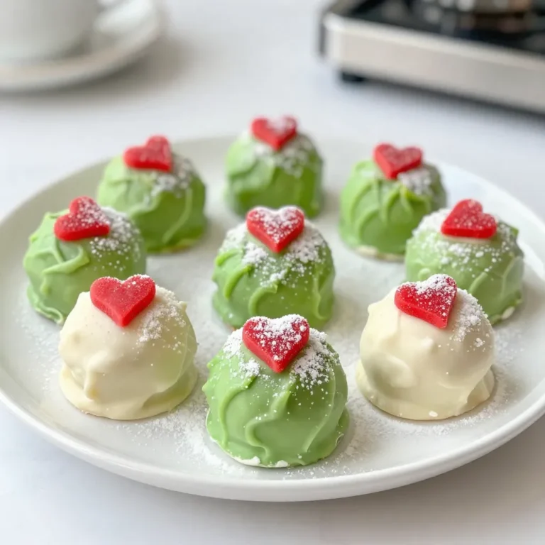 - 1 cup crushed green-tinted cookies - 8 oz cream cheese, softened - 1 cup white chocolate chips - Green candy melts - Red candy hearts or M&M's - Powdered sugar - Optional: ½ teaspoon mint extract To make Grinch truffles, you need a few simple ingredients. Start with 1 cup of crushed green-tinted cookies. These give the truffles their fun color and flavor. I love using Oreos for this, but you can choose any green cookie you find. Next, grab 8 oz of cream cheese. Make sure it's softened. This ingredient helps bind everything together. It also adds a nice creaminess to the truffles. You will also need 1 cup of white chocolate chips. These will coat the truffles and give them a sweet taste. Melted white chocolate is key for that beautiful outer layer. For a festive touch, use green candy melts. These will add color and make the truffles look extra special. Don’t forget the red candy hearts or M&M's. These act as the Grinch's heart on top of each truffle. You can add a dusting of powdered sugar for a snowy effect. It makes them look like they just came out of a winter wonderland. Lastly, you can add ½ teaspoon of mint extract if you want a refreshing flavor. It pairs well with the sweetness and adds a surprise. With these ingredients, you’re ready to create delightful Grinch truffles that everyone will enjoy! {{ingredient_image_2}} First, grab a large mixing bowl. Combine 1 cup of crushed green-tinted cookies and 8 ounces of softened cream cheese. Use a spatula or mixer to blend them well. If you want a minty flavor, add ½ teaspoon of mint extract now and mix again. This step makes the truffle base creamy and delicious. Once mixed, wash your hands and roll the mixture into small balls. Aim for about 1 inch in diameter. Place these balls on a lined baking sheet. The parchment paper helps keep them from sticking. This is where the fun starts! Now it’s time to chill. Put the baking sheet in the freezer for 30 minutes. This makes the truffles firm and easy to coat later. It’s a simple step that makes a big difference. While the truffles chill, melt 1 cup of white chocolate chips. Use a microwave-safe bowl for this. Heat them in 30-second intervals, stirring in between. Stop when the chocolate is smooth. Avoid overheating, as this can ruin the chocolate. After chilling, take the truffles out. Dip each ball into the melted white chocolate. Make sure they are fully coated. Let any extra chocolate drip back into the bowl. Then, set them back down on the parchment paper. This coating gives a lovely sweet touch. While the chocolate is still wet, add a red candy heart or M&M on top of each truffle. This looks just like the Grinch's heart! Next, melt some green candy melts. Drizzle them over the truffles for a festive look. Finally, dust them with powdered sugar for a snowy finish. This makes them extra special for the holidays! To get smooth truffles, mix the crushed cookies and cream cheese well. I use a spatula to combine them until the mixture is even. This gives the truffles a nice texture. When rolling the balls, keep them about one inch wide. Clean hands help shape them better. I find that wetting your hands slightly makes this easier. For a fun touch, think outside the box with toppings. Besides red candy hearts, you can use sprinkles or crushed nuts. To make your truffles pop, drizzle melted green candy melts on top. This gives a festive look. Arrange them on a bright platter to catch attention. Adding coconut flakes can create a snowy effect that charms everyone. If your chocolate coating is not smooth, try remelting it carefully. Heat in short bursts and stir often. If your truffles are too soft, chill them longer before coating. This helps them hold their shape better. For a firmer texture, add a bit more crushed cookies to the mix. Adjusting the mix can fix consistency issues. Pro Tips Use Fresh Ingredients: Ensure your cream cheese is at room temperature for easy mixing, and use freshly crushed cookies for the best flavor and texture. Chill for Firmness: Don't skip chilling the truffles before coating them in chocolate; this helps maintain their shape and makes dipping easier. Perfect Melting: When melting chocolate, use low heat and stir frequently to avoid burning. Consider using a double boiler for better temperature control. Decorative Drizzle: For a more festive look, experiment with different patterns and colors when drizzling the green candy melts over the truffles. {{image_4}} Want to change up the taste of your Grinch truffles? You can add fun flavors! Try adding a few drops of vanilla extract. This will give your truffles a warm and sweet hint. You can also use flavored cookies, like mint Oreos or chocolate mint cookies. These cookies add a nice twist to the classic recipe. Each new flavor makes the truffles unique and exciting. If you need to make the truffles gluten-free, look for gluten-free cookies. Many brands offer tasty options that work well. You can also swap out the cream cheese for a dairy-free version. Look for dairy-free cream cheese at your local store. These swaps let everyone enjoy the festive treat, no matter their diet. Decorating your truffles can be just as fun as making them! Use different colors of candy melts to create a rainbow of truffles. You can find purple, blue, or even yellow candy melts. This adds a fun touch! For more holiday cheer, sprinkle on other toppings like crushed candy canes or festive sprinkles. These simple changes make your truffles stand out and brighten up any holiday table. To keep your Grinch truffles fresh, store them at room temperature. Place them in an airtight container. This will help keep them safe from air and moisture. Make sure to keep them away from direct sunlight. They can last for about three days this way. If you want them to last longer, store the truffles in the fridge. The cold will help maintain their taste and texture. Just remember to let them sit out for a few minutes before serving. This makes them soft and creamy. Freezing is a great option if you want to save some truffles for later. To freeze, place the truffles on a baking sheet. Make sure they are in a single layer, not touching each other. Freeze them for about two hours. Once they are solid, transfer them to a freezer-safe bag or container. Label it with the date, so you know when you made them. When you're ready to enjoy them, take the truffles out of the freezer. Let them thaw in the fridge for a few hours. You can also leave them at room temperature for about 30 minutes. This will help them regain their yummy texture before serving. Grinch truffles last about one week in the fridge. Store them in an airtight container. This keeps them fresh and tasty. If you leave them out, they last about three days. Keep them away from heat and moisture. Yes, you can make these truffles ahead of time. Prepare them up to one week before your event. Just store them in the fridge. You can also freeze them for up to three months. Just let them thaw in the fridge before serving. If you need a substitute for cream cheese, try using Greek yogurt. It gives a similar texture and flavor. For a dairy-free option, use cashew cream. Blend soaked cashews until smooth. It works well in this recipe. You can find pre-made Grinch truffles at specialty candy shops. Some grocery stores may carry them during the holiday season. If you prefer online shopping, check sites like Amazon or Etsy. They often have fun and festive options available. These Grinch truffles are a fun and tasty treat. You’ve learned how to mix, shape, and decorate them. Remember to be creative with flavors and toppings. Use different extracts or festive decorations to make them your own. Store them properly for the best taste. Making these truffles is simple and fun for any occasion. Enjoy the process and share them with friends and family. You’ll delight everyone with these festive bites!