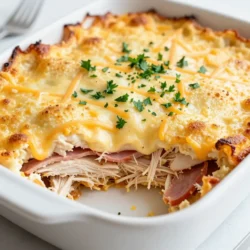 - 2 cups cooked chicken breast, shredded - 1 cup thinly sliced ham - 1 cup Swiss cheese, shredded - 1 cup cheddar cheese, shredded (divided) - 1 cup cream of chicken soup - 1 cup milk - 1 teaspoon Dijon mustard - 1 teaspoon garlic powder - 1/2 teaspoon smoked paprika - 8 ounces egg noodles, cooked and drained - Salt and pepper to taste - Fresh parsley, chopped (for garnish) When making Chicken Cordon Bleu Casserole, gather these fresh ingredients. Start with shredded chicken. This can come from a rotisserie chicken or cooked at home. Next, you need thinly sliced ham. Look for deli ham that is easy to layer. Swiss cheese gives a nice flavor, while cheddar adds richness. The cream of chicken soup is key for a creamy texture. Milk helps loosen the mix and keep it smooth. For a zing, Dijon mustard works well. Garlic powder and smoked paprika add depth and warmth. Cooked egg noodles are the base and soak up all the tasty flavors. Finally, you will need salt and pepper to enhance the dish. Don't forget fresh parsley for a pop of color when serving. These ingredients combine to create a warm and comforting meal your family will love. {{ingredient_image_2}} 1. Preheat the oven to 350&deg;F (175&deg;C). This step is key for even baking. 2. In a large bowl, combine the shredded chicken, sliced ham, Swiss cheese, and half of the cheddar cheese. Mix them well. 3. In another bowl, whisk together the cream of chicken soup, milk, Dijon mustard, garlic powder, smoked paprika, salt, and pepper. Make sure it's smooth and well-blended. 4. Add the cooked egg noodles into the chicken and ham mix. Gently fold in the creamy soup mixture until everything is coated evenly. 5. Transfer this mixture into a greased 9x13-inch casserole dish. Spread it out for even baking. 1. Cover the casserole dish with aluminum foil. This keeps the moisture in while it bakes. 2. Bake in the preheated oven for 25 minutes. This helps all the flavors meld together. 3. After 25 minutes, remove the foil. Bake for another 10 to 15 minutes until the cheese is bubbly and golden brown. This gives the dish a nice crust. 4. Let the casserole cool for a few minutes before serving. Garnish with fresh parsley for a pop of color. - Ensure even mixing of ingredients: Mix all your chicken, ham, and cheeses well. This helps every bite taste great. - Choose the right casserole dish size: A 9x13-inch dish works best. It lets your casserole bake evenly. - Use pre-cooked chicken for convenience: Shredded chicken saves time. You can buy it ready-made or cook it ahead. - Overcooking the noodles: Cook them just until tender. They will cook more in the oven. - Skipping the seasoning: A pinch of salt and pepper makes big flavors. Don&rsquo;t forget the spices! - Not allowing the casserole to cool before serving: Let it sit for a few minutes. This helps it hold its shape when you serve. Pro Tips Use Rotisserie Chicken: For a quicker and more flavorful option, use store-bought rotisserie chicken, saving you time on cooking and shredding. Customize Your Cheese: Feel free to mix and match cheeses based on your preference. Gruy&egrave;re or mozzarella can add a unique twist to the flavor profile. Make Ahead: This casserole can be assembled a day in advance. Just cover it tightly and store it in the refrigerator until you&rsquo;re ready to bake. Garnish for Freshness: Adding fresh herbs like thyme or chives can enhance the flavor and presentation of the casserole before serving. {{image_4}} You can make this casserole your own with some easy swaps. - Using turkey instead of chicken: Turkey works great if you have leftovers. It keeps the dish light and tasty. - Alternative cheeses for different flavors: Try gouda or provolone for a new twist. Each cheese adds its own flavor. - Gluten-free noodles option: Use gluten-free egg noodles if needed. They taste just as good! Get creative to make this dish even better. - Adding vegetables like spinach or broccoli: Toss in fresh spinach or tender broccoli. They add color and nutrients. - Experimenting with different mustards or spices: Change up the mustard. Honey mustard adds sweetness, while whole grain mustard brings a bite. Spices can also change the flavor profile. Try adding thyme or oregano. After you enjoy your Chicken Cordon Bleu Casserole, you might have some left. To store it properly, let it cool down first. This step helps keep it fresh. Place the casserole in a glass or plastic container with a lid. If you don&rsquo;t have a lid, cover it tightly with plastic wrap or foil. Use a container that is safe for the fridge. This will keep your leftovers tasty for about 3 to 4 days. When you're ready to eat your leftovers, reheating them right is key. The best way is in the oven. Preheat your oven to 350&deg;F (175&deg;C). Place the casserole in an oven-safe dish. Cover it with foil to keep it moist. Heat for about 20 to 25 minutes or until it&rsquo;s hot all the way through. If you&rsquo;re short on time, you can use the microwave. Place a portion on a microwave-safe plate. Cover it with a damp paper towel to keep it from drying out. Heat for about 1 to 2 minutes. Check if it's warm enough. If not, heat in 30-second bursts until it&rsquo;s hot. Enjoy your delicious casserole! Can I make this casserole in advance? Yes, you can prepare this casserole ahead of time. Just assemble all the ingredients but do not bake it. Cover the dish and store it in the fridge. When ready, bake it as directed. This makes meal prep easy and saves time on busy nights. How do I freeze Chicken Cordon Bleu Casserole? To freeze the casserole, first let it cool completely. Then, cover it tightly with plastic wrap and aluminum foil. Label it with the date. You can freeze it for up to three months. When you want to eat it, thaw it in the fridge overnight and bake it as usual. What sides pair well with this dish? This casserole pairs nicely with light sides. A fresh green salad adds a crunchy texture. Steamed veggies like broccoli or carrots also work well. You can also serve it with crusty bread to soak up the cheesy goodness. This Chicken Cordon Bleu Casserole combines tasty layers of chicken, ham, and lots of cheese. You learned how to prepare it step by step and avoid common mistakes. Remember to mix ingredients well and choose the right dish size. If you want to switch things up, there are many ingredient variations to try. Now, with the right storage and reheating tips, you can enjoy your leftovers too. Dive into your cooking adventure, and make this dish your own!