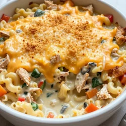 - 3 cups cooked chicken, shredded - 8 oz egg noodles - 1 cup frozen mixed vegetables (carrots, peas, corn) - 1 can (10.5 oz) cream of mushroom soup - 1 cup chicken broth - 1 cup shredded cheddar cheese - 1/2 cup sour cream - 1 small onion, finely diced - 2 cloves garlic, minced - 1 teaspoon dried thyme - 1 teaspoon paprika - Salt and pepper to taste - 1/2 cup breadcrumbs You need these main ingredients to create a tasty chicken noodle casserole. Each item adds flavor and texture. The shredded chicken serves as the protein, while egg noodles bring heartiness. The cream of mushroom soup adds a nice creaminess. Mixed vegetables give color and nutrients, and cheese makes it gooey and delightful. - Fresh herbs (like parsley or thyme) - Additional veggies (such as broccoli or bell peppers) - Different cheese types (like mozzarella or gouda) - Spices (like garlic powder or onion powder) You can swap in optional ingredients to suit your taste. Fresh herbs can brighten the dish. Using different vegetables can add a new twist. Changing cheese types changes the flavor profile. You can even add extra spices for a kick. - Large pot for boiling noodles - Large skillet for saut&eacute;ing - Mixing bowl for combining ingredients - 9x13 inch casserole dish - Oven for baking Gather these cooking essentials before you start. A large pot helps cook the noodles. A skillet is great for softening onions and garlic. A mixing bowl is needed for combining everything. Finally, use a casserole dish for baking the meal. {{ingredient_image_2}} Start by gathering all your ingredients. You need: - 3 cups cooked chicken, shredded - 8 oz egg noodles - 1 cup frozen mixed vegetables (a blend of carrots, peas, and corn) - 1 can (10.5 oz) cream of mushroom soup - 1 cup chicken broth - 1 cup shredded cheddar cheese - 1/2 cup sour cream - 1 small onion, finely diced - 2 cloves garlic, minced - 1 teaspoon dried thyme - 1 teaspoon paprika - Salt and pepper to taste - 1/2 cup breadcrumbs Preheat your oven to 350&deg;F (175&deg;C). This step is key to getting a nice, golden top. Next, boil a pot of salted water. Add the egg noodles and cook them according to the package directions. Aim for al dente, as they will cook more in the oven. Once done, drain the noodles well and set them aside. In a large skillet, heat a splash of oil over medium heat. Add the diced onion and minced garlic. Saut&eacute; for about 3-4 minutes until they soften and smell great. In a big mixing bowl, combine the shredded chicken, cooked noodles, frozen veggies, cream of mushroom soup, chicken broth, sour cream, dried thyme, and paprika. Mix well and season with salt and pepper. Transfer this mixture into a greased 9x13 inch casserole dish. Spread it out evenly. Sprinkle the shredded cheddar cheese over the top, covering it well. Then, in a small bowl, mix the breadcrumbs with a drizzle of olive oil for extra crunch. Sprinkle this mixture over the cheese. Now it&rsquo;s time to bake! Place the casserole in your preheated oven and bake for 30-35 minutes. Look for a golden brown top and bubbly edges. Once it&rsquo;s done, let it rest for a few minutes before serving. This helps the casserole firm up a bit. Enjoy your warm, hearty chicken noodle casserole! For a creamy casserole, mix well. The key is to use the right amount of sauce. I blend the cream of mushroom soup and chicken broth. This mix keeps the dish moist but not watery. You want your noodles to soak up some sauce without drowning. Using al dente noodles helps them hold their shape and texture in the oven. Seasoning makes all the difference. I love using thyme and paprika for warmth. They bring out the chicken's taste and add depth. Don't forget salt and pepper to balance flavors. For an extra kick, try adding a dash of garlic powder or a hint of cayenne. Fresh herbs can also elevate the dish. A sprinkle of parsley before serving adds freshness. Achieving a golden top is easy with a few tricks. First, use shredded cheese evenly across the top. Then, mix breadcrumbs with a bit of oil for crunch. This combo gives a nice texture contrast. Bake at 350&deg;F until golden brown. Keep an eye on it to avoid burning. If the top browns too fast, cover it with foil for the last few minutes. Pro Tips Use Rotisserie Chicken: For a quicker preparation, consider using store-bought rotisserie chicken. It saves time and adds a delicious flavor. Customize the Vegetables: Feel free to swap out the frozen mixed vegetables for your favorites like broccoli, green beans, or bell peppers for a personalized touch. Make It Ahead: This casserole can be assembled a day in advance and stored in the refrigerator. Just add a few extra minutes to the baking time if baking from cold. Cheese Variations: Experiment with different types of cheese such as mozzarella or pepper jack for a unique flavor profile. Mixing cheeses can also enhance the dish. {{image_4}} You can make this casserole healthier with a few swaps. Use whole wheat egg noodles instead of regular. They add fiber and nutrients. You can also replace cream of mushroom soup with a low-fat version or make your own. Use Greek yogurt instead of sour cream for a protein boost. Adding more veggies can also help. Try spinach, zucchini, or bell peppers for extra color and taste. To make a vegetarian casserole, skip the chicken and use plant-based protein. You can use chickpeas or tofu for added texture and protein. For the soup, choose a vegetable cream soup or a homemade blend of vegetable broth and cashews. Use almond milk or soy yogurt as a sour cream alternative. This way, you can enjoy a hearty meal without meat. Cheese can really change the taste of your casserole. While cheddar is classic, try mozzarella for a milder flavor. Parmesan adds a nice salty kick. For a tangy touch, use goat cheese. Mixing different cheeses can also create a unique flavor. Just remember to keep the total amount of cheese the same for best results. To store leftover chicken noodle casserole, let it cool first. Then, place it in an airtight container. Keep it in the fridge for up to three days. When you want to eat it again, just take it out and enjoy! For the best taste when reheating, use your oven. Preheat it to 350&deg;F (175&deg;C). Place the casserole in a baking dish and cover it with foil. Heat for about 20-25 minutes. This keeps it moist and warm. You can also use a microwave. Heat individual portions for 1-2 minutes. Stir in between to heat evenly. You can freeze chicken noodle casserole, too! First, let it cool completely. Then, wrap it tightly in plastic wrap and foil. Label it with the date. You can freeze it for up to three months. To use, thaw it overnight in the fridge, then reheat as explained above. This saves time for busy nights! Yes, you can use fresh vegetables. They add great flavor and color. Just chop them into small pieces. You can use carrots, peas, and corn, or any of your favorites. Cook them lightly before adding to the mix. This keeps them tender and tasty in your casserole. Making this dish ahead is easy. Prepare the casserole as usual but skip the baking step. Cover the dish and store it in the fridge. You can keep it for up to two days. When ready, just bake it straight from the fridge. You may need to add a few extra minutes to the baking time. A fresh salad is a great side. You can also serve steamed broccoli or green beans. These add crunch and a nice color to your meal. For a heartier option, garlic bread works well too. The warm bread complements the creamy casserole. Absolutely! You can swap egg noodles for other pasta types. Penne or rotini are great choices. Just remember to adjust the cooking time. Cook them until they are al dente, so they hold up well in the casserole. This keeps the texture delightful and enjoyable. You learned about making a tasty Chicken Noodle Casserole. We covered the main ingredients and how to customize your dish. I shared steps to prep, cook, and bake your casserole perfectly. You also found tips to improve flavor and texture. Plus, we explored healthy options and storage methods. Enjoying this comforting meal can be fun and creative. Now, you can make it your way! Happy cooking!