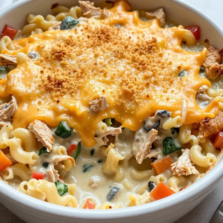 - 3 cups cooked chicken, shredded - 8 oz egg noodles - 1 cup frozen mixed vegetables (carrots, peas, corn) - 1 can (10.5 oz) cream of mushroom soup - 1 cup chicken broth - 1 cup shredded cheddar cheese - 1/2 cup sour cream - 1 small onion, finely diced - 2 cloves garlic, minced - 1 teaspoon dried thyme - 1 teaspoon paprika - Salt and pepper to taste - 1/2 cup breadcrumbs You need these main ingredients to create a tasty chicken noodle casserole. Each item adds flavor and texture. The shredded chicken serves as the protein, while egg noodles bring heartiness. The cream of mushroom soup adds a nice creaminess. Mixed vegetables give color and nutrients, and cheese makes it gooey and delightful. - Fresh herbs (like parsley or thyme) - Additional veggies (such as broccoli or bell peppers) - Different cheese types (like mozzarella or gouda) - Spices (like garlic powder or onion powder) You can swap in optional ingredients to suit your taste. Fresh herbs can brighten the dish. Using different vegetables can add a new twist. Changing cheese types changes the flavor profile. You can even add extra spices for a kick. - Large pot for boiling noodles - Large skillet for sautéing - Mixing bowl for combining ingredients - 9x13 inch casserole dish - Oven for baking Gather these cooking essentials before you start. A large pot helps cook the noodles. A skillet is great for softening onions and garlic. A mixing bowl is needed for combining everything. Finally, use a casserole dish for baking the meal. {{ingredient_image_2}} Start by gathering all your ingredients. You need: - 3 cups cooked chicken, shredded - 8 oz egg noodles - 1 cup frozen mixed vegetables (a blend of carrots, peas, and corn) - 1 can (10.5 oz) cream of mushroom soup - 1 cup chicken broth - 1 cup shredded cheddar cheese - 1/2 cup sour cream - 1 small onion, finely diced - 2 cloves garlic, minced - 1 teaspoon dried thyme - 1 teaspoon paprika - Salt and pepper to taste - 1/2 cup breadcrumbs Preheat your oven to 350°F (175°C). This step is key to getting a nice, golden top. Next, boil a pot of salted water. Add the egg noodles and cook them according to the package directions. Aim for al dente, as they will cook more in the oven. Once done, drain the noodles well and set them aside. In a large skillet, heat a splash of oil over medium heat. Add the diced onion and minced garlic. Sauté for about 3-4 minutes until they soften and smell great. In a big mixing bowl, combine the shredded chicken, cooked noodles, frozen veggies, cream of mushroom soup, chicken broth, sour cream, dried thyme, and paprika. Mix well and season with salt and pepper. Transfer this mixture into a greased 9x13 inch casserole dish. Spread it out evenly. Sprinkle the shredded cheddar cheese over the top, covering it well. Then, in a small bowl, mix the breadcrumbs with a drizzle of olive oil for extra crunch. Sprinkle this mixture over the cheese. Now it’s time to bake! Place the casserole in your preheated oven and bake for 30-35 minutes. Look for a golden brown top and bubbly edges. Once it’s done, let it rest for a few minutes before serving. This helps the casserole firm up a bit. Enjoy your warm, hearty chicken noodle casserole! For a creamy casserole, mix well. The key is to use the right amount of sauce. I blend the cream of mushroom soup and chicken broth. This mix keeps the dish moist but not watery. You want your noodles to soak up some sauce without drowning. Using al dente noodles helps them hold their shape and texture in the oven. Seasoning makes all the difference. I love using thyme and paprika for warmth. They bring out the chicken's taste and add depth. Don't forget salt and pepper to balance flavors. For an extra kick, try adding a dash of garlic powder or a hint of cayenne. Fresh herbs can also elevate the dish. A sprinkle of parsley before serving adds freshness. Achieving a golden top is easy with a few tricks. First, use shredded cheese evenly across the top. Then, mix breadcrumbs with a bit of oil for crunch. This combo gives a nice texture contrast. Bake at 350°F until golden brown. Keep an eye on it to avoid burning. If the top browns too fast, cover it with foil for the last few minutes. Pro Tips Use Rotisserie Chicken: For a quicker preparation, consider using store-bought rotisserie chicken. It saves time and adds a delicious flavor. Customize the Vegetables: Feel free to swap out the frozen mixed vegetables for your favorites like broccoli, green beans, or bell peppers for a personalized touch. Make It Ahead: This casserole can be assembled a day in advance and stored in the refrigerator. Just add a few extra minutes to the baking time if baking from cold. Cheese Variations: Experiment with different types of cheese such as mozzarella or pepper jack for a unique flavor profile. Mixing cheeses can also enhance the dish. {{image_4}} You can make this casserole healthier with a few swaps. Use whole wheat egg noodles instead of regular. They add fiber and nutrients. You can also replace cream of mushroom soup with a low-fat version or make your own. Use Greek yogurt instead of sour cream for a protein boost. Adding more veggies can also help. Try spinach, zucchini, or bell peppers for extra color and taste. To make a vegetarian casserole, skip the chicken and use plant-based protein. You can use chickpeas or tofu for added texture and protein. For the soup, choose a vegetable cream soup or a homemade blend of vegetable broth and cashews. Use almond milk or soy yogurt as a sour cream alternative. This way, you can enjoy a hearty meal without meat. Cheese can really change the taste of your casserole. While cheddar is classic, try mozzarella for a milder flavor. Parmesan adds a nice salty kick. For a tangy touch, use goat cheese. Mixing different cheeses can also create a unique flavor. Just remember to keep the total amount of cheese the same for best results. To store leftover chicken noodle casserole, let it cool first. Then, place it in an airtight container. Keep it in the fridge for up to three days. When you want to eat it again, just take it out and enjoy! For the best taste when reheating, use your oven. Preheat it to 350°F (175°C). Place the casserole in a baking dish and cover it with foil. Heat for about 20-25 minutes. This keeps it moist and warm. You can also use a microwave. Heat individual portions for 1-2 minutes. Stir in between to heat evenly. You can freeze chicken noodle casserole, too! First, let it cool completely. Then, wrap it tightly in plastic wrap and foil. Label it with the date. You can freeze it for up to three months. To use, thaw it overnight in the fridge, then reheat as explained above. This saves time for busy nights! Yes, you can use fresh vegetables. They add great flavor and color. Just chop them into small pieces. You can use carrots, peas, and corn, or any of your favorites. Cook them lightly before adding to the mix. This keeps them tender and tasty in your casserole. Making this dish ahead is easy. Prepare the casserole as usual but skip the baking step. Cover the dish and store it in the fridge. You can keep it for up to two days. When ready, just bake it straight from the fridge. You may need to add a few extra minutes to the baking time. A fresh salad is a great side. You can also serve steamed broccoli or green beans. These add crunch and a nice color to your meal. For a heartier option, garlic bread works well too. The warm bread complements the creamy casserole. Absolutely! You can swap egg noodles for other pasta types. Penne or rotini are great choices. Just remember to adjust the cooking time. Cook them until they are al dente, so they hold up well in the casserole. This keeps the texture delightful and enjoyable. You learned about making a tasty Chicken Noodle Casserole. We covered the main ingredients and how to customize your dish. I shared steps to prep, cook, and bake your casserole perfectly. You also found tips to improve flavor and texture. Plus, we explored healthy options and storage methods. Enjoying this comforting meal can be fun and creative. Now, you can make it your way! Happy cooking!
