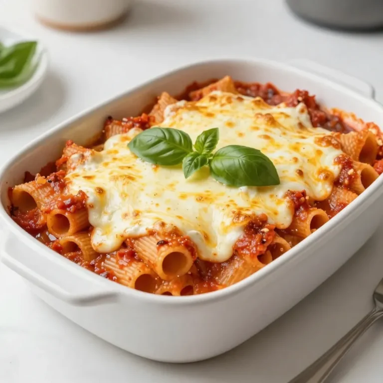 To make Cheesy Weeknight Baked Pasta, you need these main items: - 12 oz. penne pasta - 2 cups marinara sauce - 1 cup ricotta cheese - 1 cup shredded mozzarella cheese - 1/2 cup grated Parmesan cheese - 1 teaspoon Italian seasoning - 1/2 teaspoon garlic powder - 1/4 teaspoon red pepper flakes (optional) - Salt and pepper to taste - Fresh basil leaves for garnish These ingredients work together to create a rich and creamy dish. The blend of cheeses adds layers of flavor, while the pasta gives it a hearty touch. You can customize your dish with these optional items: - 1/4 teaspoon red pepper flakes for some heat - Other herbs like oregano or thyme for added flavor These extra seasonings can help you tailor the dish to your taste. You can add more or less of these spices based on your family’s preferences. For a twist on the classic, try these cheese choices: - Fontina for a creamy texture - Gouda for a smoky flavor - Cheddar for a sharp kick These cheeses can change the taste of your baked pasta. Mixing different cheeses can lead to exciting new flavors, so feel free to experiment! {{ingredient_image_2}} Start by preheating your oven to 375°F (190°C). A hot oven helps the dish cook evenly. In a large pot, bring salted water to a rolling boil. Add 12 oz. of penne pasta. Cook it for about 8 to 10 minutes. You want it al dente, so don’t overcook! Once done, drain the pasta in a colander and set it aside. In a big mixing bowl, combine 2 cups of marinara sauce and 1 cup of ricotta cheese. Add half of the shredded mozzarella, 1 teaspoon of Italian seasoning, and 1/2 teaspoon of garlic powder. For some heat, toss in 1/4 teaspoon of red pepper flakes, if you like. Season with a pinch of salt and pepper. Mix everything until well combined. This sauce is creamy and packed with flavor. Now, gently fold the drained pasta into the sauce mixture. Make sure every piece of penne gets coated with that delicious sauce. Lightly grease a 9x13 inch baking dish with cooking spray or olive oil. Pour the pasta mixture into the dish, spreading it out evenly. To top it off, sprinkle the remaining mozzarella and 1/2 cup of grated Parmesan cheese over the pasta. This topping will create a cheesy crust. Cover the baking dish tightly with aluminum foil. This helps keep moisture in. Place it in the preheated oven and bake for about 20 minutes. After 20 minutes, carefully remove the foil. Bake for another 10 minutes to get a bubbly, golden top. Once it’s out of the oven, let the dish cool for about 5 minutes. This cooling time lets the flavors mix well. Just before serving, add fresh basil leaves for a nice touch. To avoid overcooking the penne pasta, start with a large pot of salted water. Bring it to a rolling boil before adding the pasta. Cook the pasta for about 8-10 minutes, checking it a minute or two before the time is up. You want it al dente, meaning firm to the bite. Drain the pasta and set it aside right away. This keeps it from cooking further in the hot water. Herbs and spices can make your baked pasta even better. I love using Italian seasoning, garlic powder, and red pepper flakes in this dish. These add warmth and depth to the flavor. You can also mix in fresh herbs like basil or parsley for a bright touch. A pinch of salt and pepper balances the flavors too. Experiment with your favorite spices to find your perfect blend! If you want a simpler way to make this dish, try a one-pot method. You can cook the pasta in the same pot with the sauce. Start by adding the uncooked pasta, marinara sauce, and water. Then, stir in the ricotta and seasonings. Cover it and cook on low heat until the pasta is tender. Finish with cheese on top and place it under the broiler to melt. This saves time and cleanup! Pro Tips Perfect Pasta: Always cook your pasta al dente, as it will continue to cook in the oven and prevent it from becoming mushy. Cheese Choices: Feel free to mix different types of cheese such as fontina or gouda for added flavor complexity. Herb Infusion: Add fresh herbs like oregano or thyme to the sauce for an extra layer of freshness. Storage Savvy: This dish can be made ahead and stored in the refrigerator for up to 2 days before baking. Just cover it tightly with foil! {{image_4}} You can add meat for more flavor and protein. Try cooked sausage or chicken. Brown the sausage in a pan. For chicken, grill or bake it first. Chop it into bite-sized pieces before mixing in. This will make your dish heartier. For a veggie twist, add spinach or mushrooms. Fresh spinach wilts well in the pasta. Just stir it in before baking. Mushrooms add a nice earthy taste. Sauté them first for better flavor. Both options make your meal colorful and healthy. If you need a gluten-free dish, use gluten-free pasta. There are many types available now. Ensure your sauce is also gluten-free. This way, everyone can enjoy the meal without worry. Adjust cooking times based on the pasta package instructions. Store your baked pasta in an airtight container. Make sure it cools down first. Leftovers can last in the fridge for about three to four days. If you want to keep it fresh longer, consider freezing. To reheat, preheat your oven to 350°F (175°C). Place the pasta in a baking dish. Cover it with foil to avoid drying out. Heat for about 20 minutes. You can also use the microwave. Just warm it in short bursts, stirring in between. To freeze, let the pasta cool completely. Portion it into freezer-safe containers. It can last up to three months in the freezer. When ready to eat, thaw it in the fridge overnight. Then, reheat as mentioned above. Yes, you can use other pasta. Try rotini, ziti, or shells. Each type will change the texture. A good rule is to pick pasta that holds sauce well. Cook it to al dente to avoid mushy pasta after baking. To make it spicier, add more red pepper flakes. You can also mix in diced jalapeños or a splash of hot sauce. These options add heat without changing the dish's core flavors. Start with a little spice and taste as you go. Baked pasta goes well with fresh salads. A simple green salad works nicely. Garlic bread is also a great choice. You could even serve steamed vegetables for extra color and nutrition. Keep it light to balance the cheesy pasta. Baked pasta is easy to make and fun to eat. We covered the main ingredients, optional extras, and the best cheese choices. I shared step-by-step instructions for prep and baking. You now have tips to enhance flavor and avoid overcooking. We discussed tasty variations for meat lovers and vegetarians. Lastly, I provided storage tips to enjoy leftovers later. With this guide, you can create a delicious baked pasta that fits any taste. Enjoy your cooking adventure!